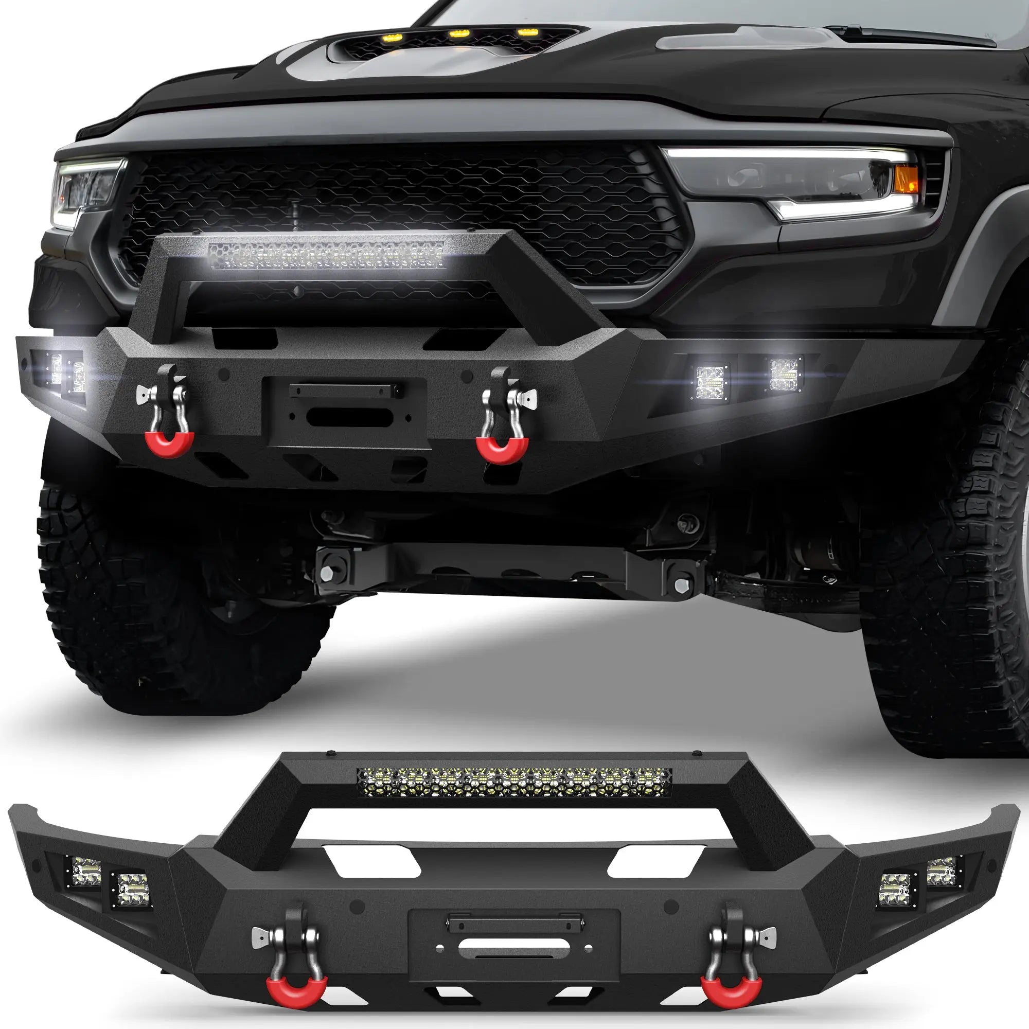 Longsun Front Bumper for 2021 2022 2023 2024 2025 Ram 1500 TRX | Heavy-Duty Steel Front Bumper with Winch Plate, LED Lights, D-Ring & Parking Sensor Holes