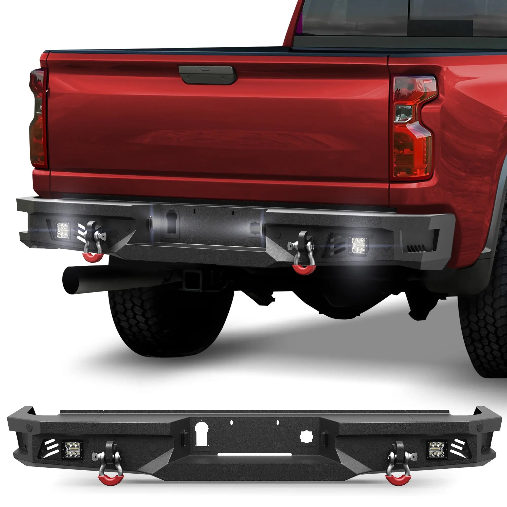 Rear Bumper for 2020–2026 Chevy Silverado GMC Sierra 2500HD 3500HD, Steel Step Bumper with LED Lights, D-Rings & Sensor Holes, Non-BSM