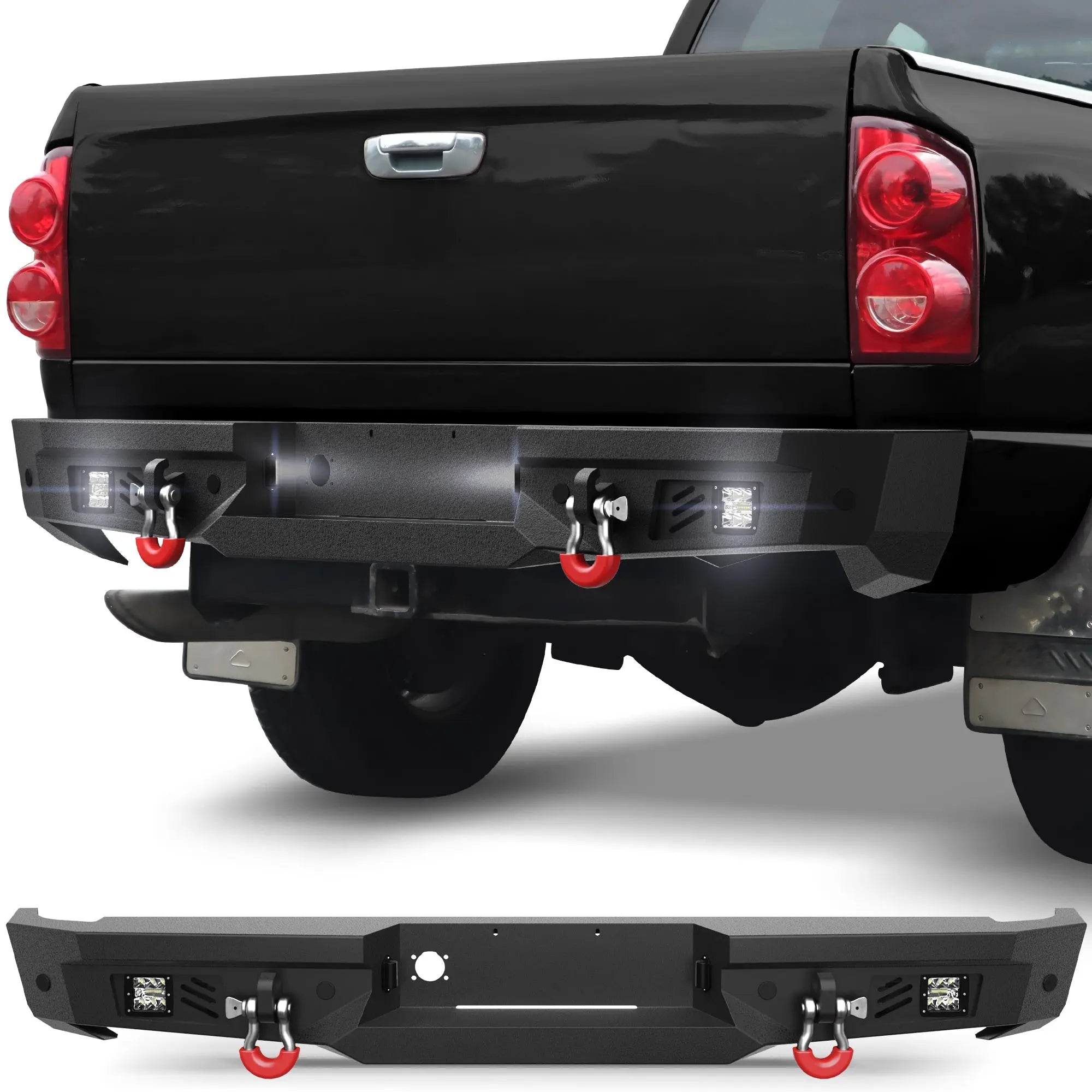 Longsun Ram Rear Bumper for 2002-2008 Ram 1500 & 2003-2009 Ram 2500/3500 | Heavy-Duty Steel Rear Bumper with Step Plate, LED Lights, D-Ring & Parking Sensor Holes