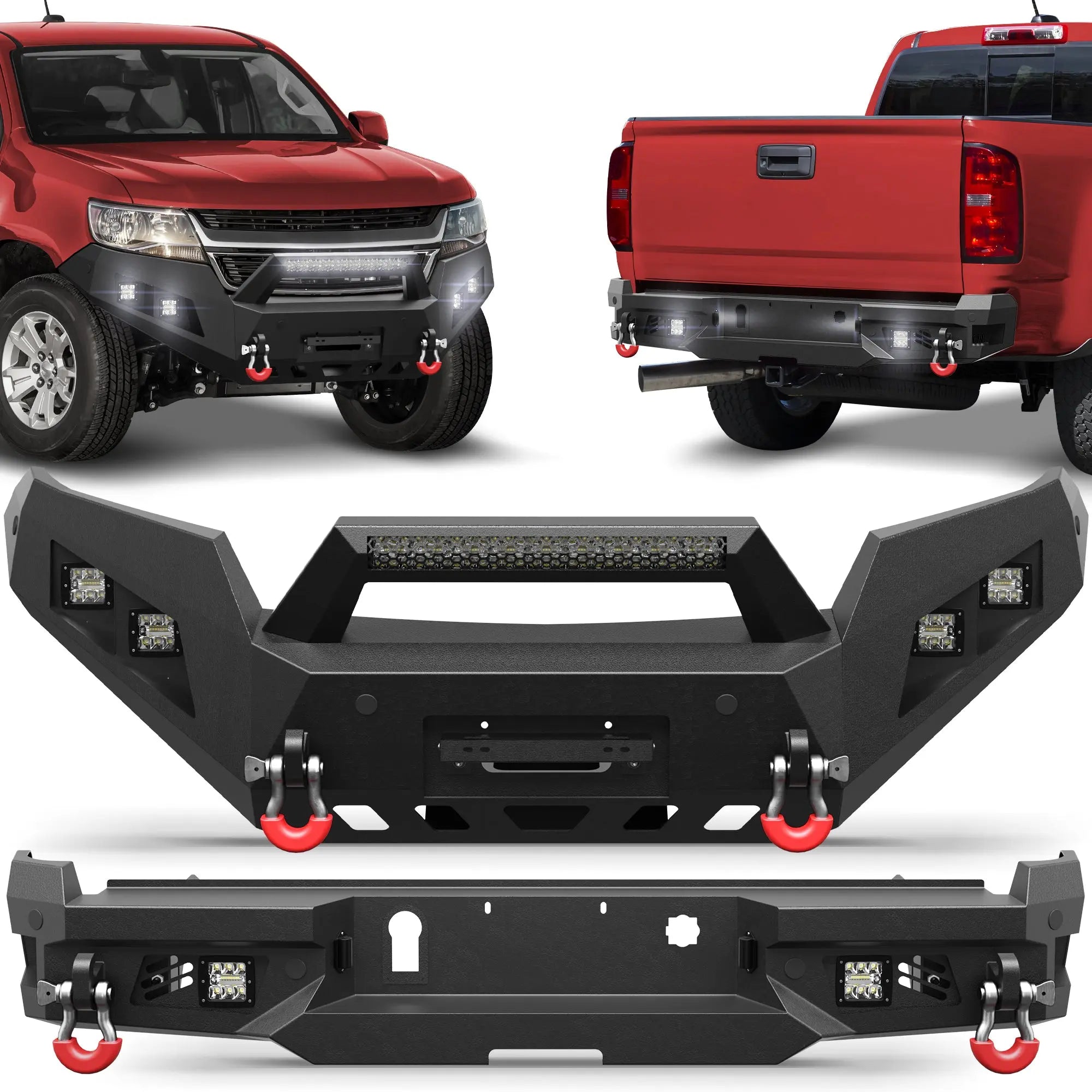 Colorado Front Bumper and Rear Bumper Kit for 2015-2020 Chevy Colorado | Heavy-Duty Steel Bumper Set with Winch Plate, LED Lights, D-Rings & License Plate Bracket (Excludes ZR2)