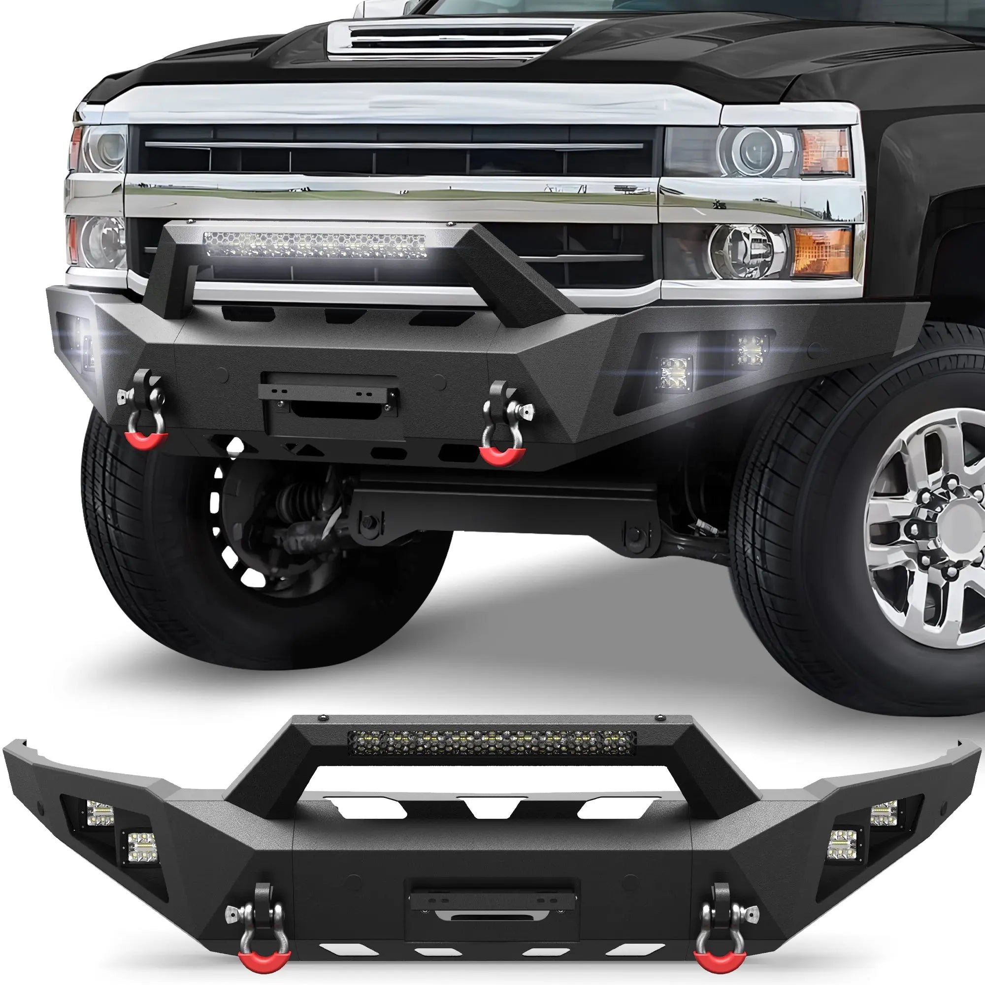 Longsun Front Bumper for 2015 2016 2017 2018 2019 Chevy Silverado 2500HD 3500HD | Heavy-Duty Steel Front Bumper with Winch Plate, LED Lights, D-Ring & Parking Sensor Holes