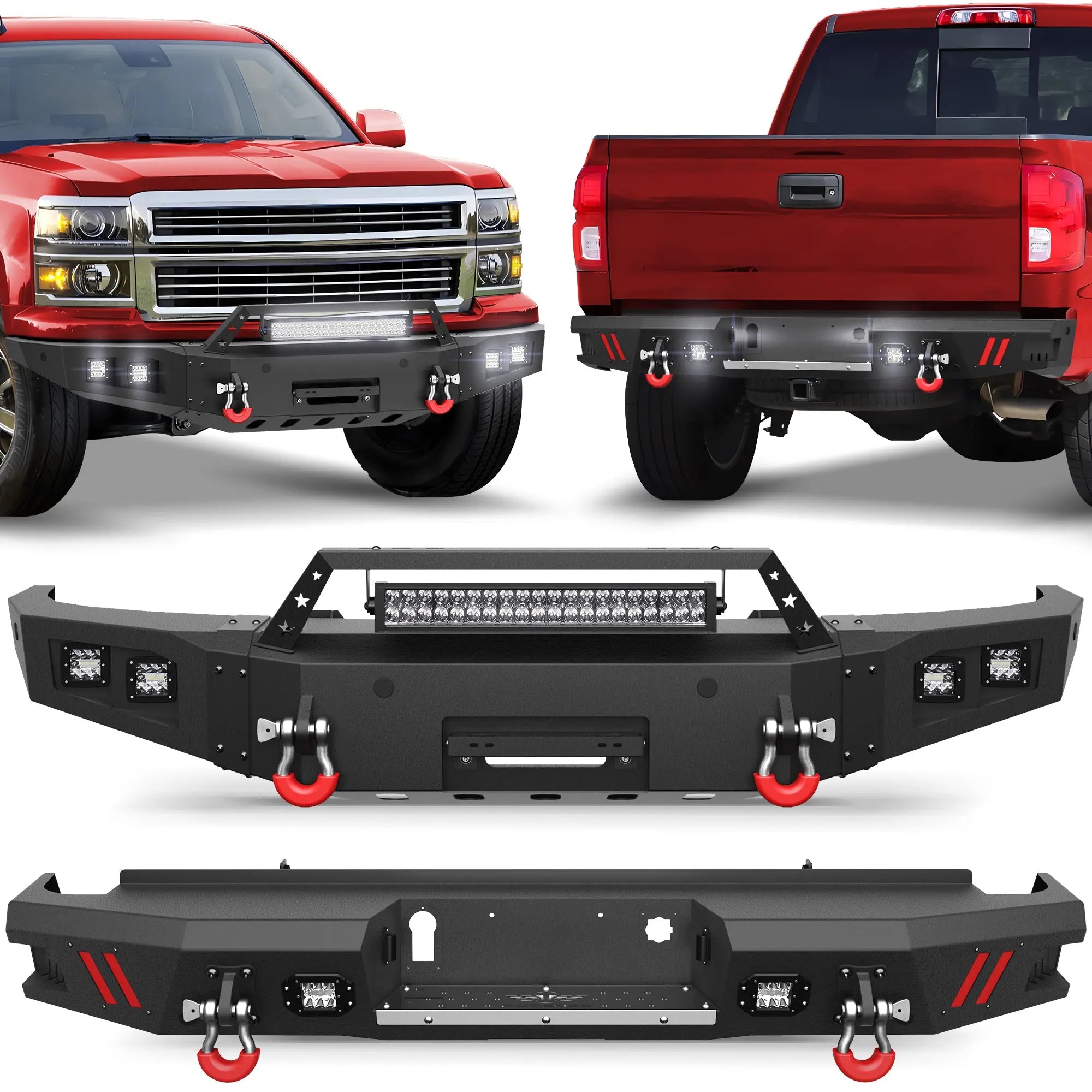 Longsun Silverado 1500 Front and Rear Bumper Set for 2014 2015 Chevy Silverado 1500 Pickup w/Winch Plate