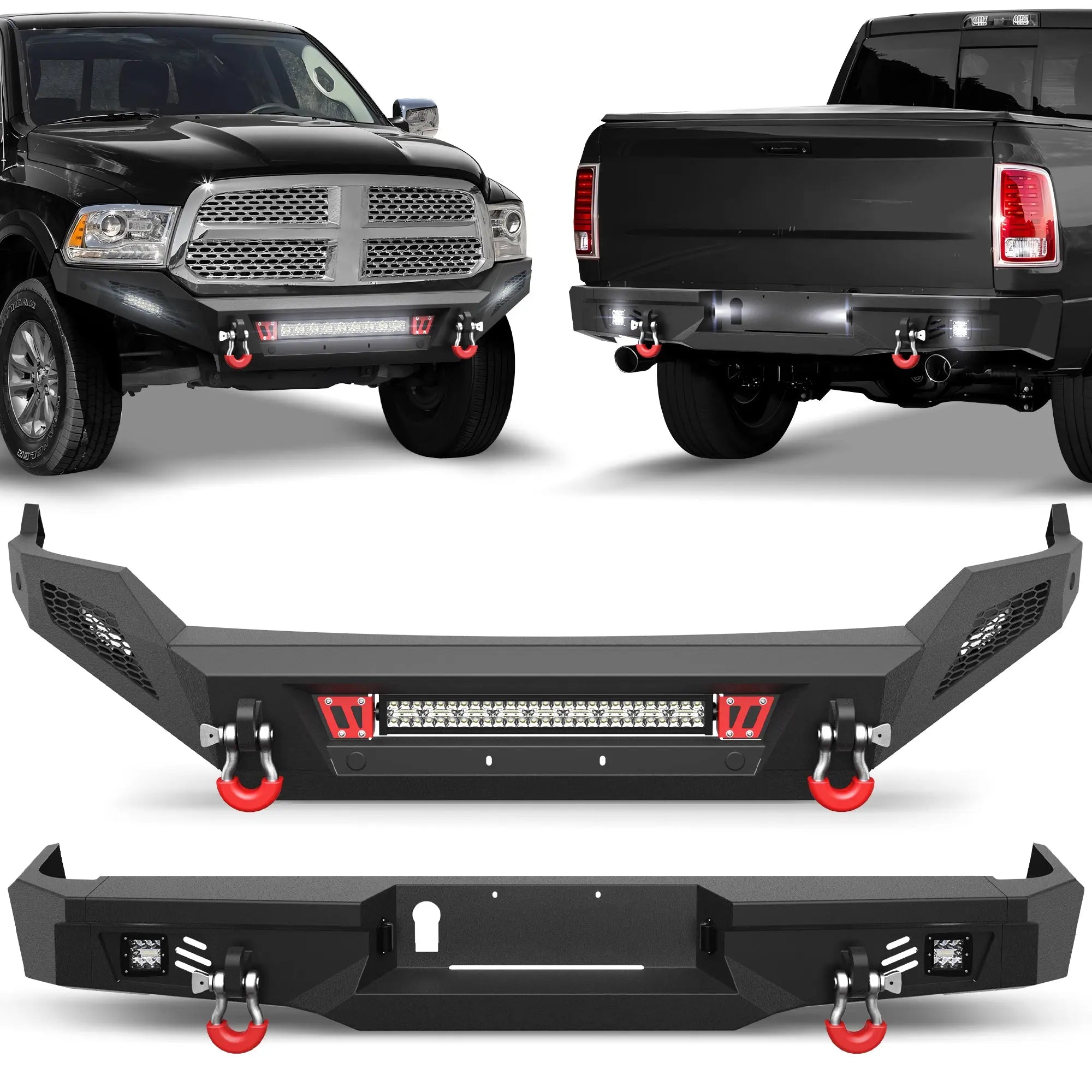 Front & Rear Bumper Set for 2013–2018 Ram 1500 & 2019–2024 Ram 1500 Classic, Steel Bumpers with LED Lights, D-Rings, Rear Step & Sensor Holes
