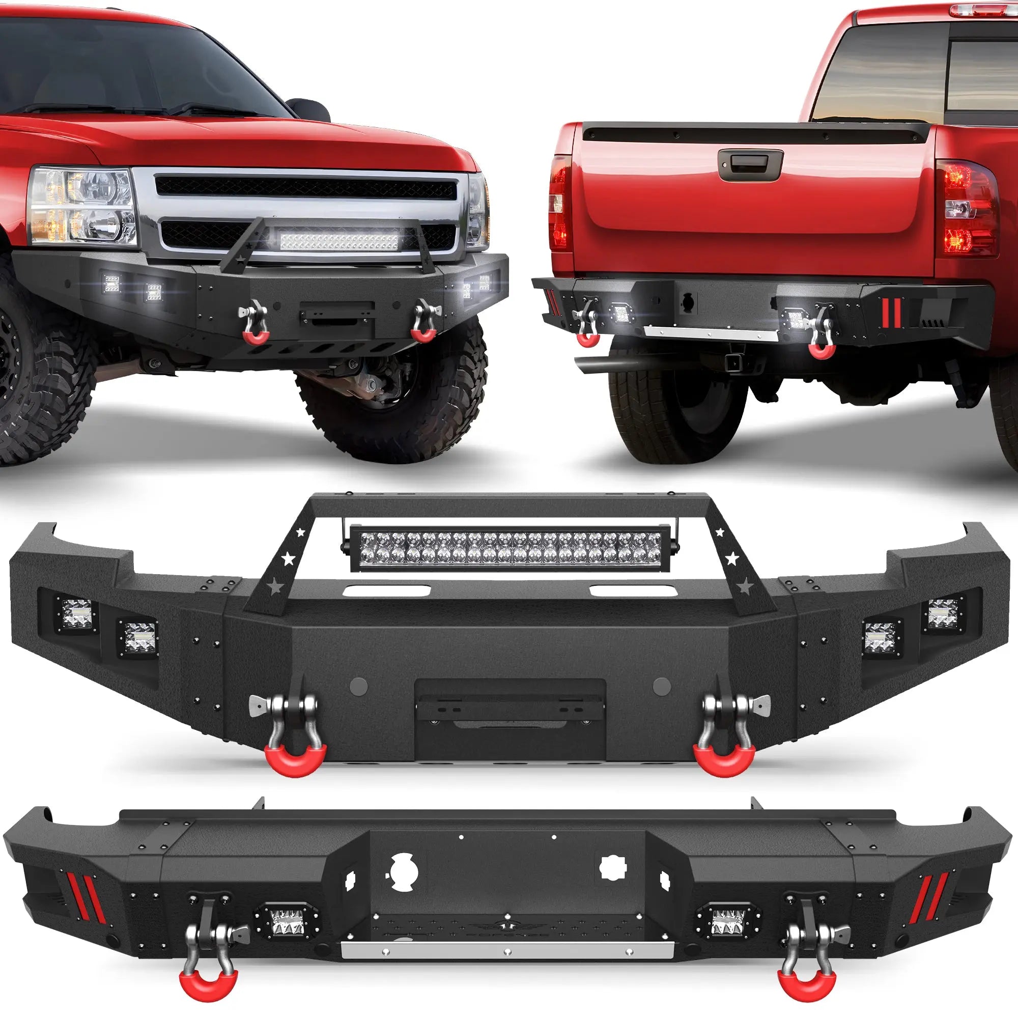 Silverado 1500 Front & Rear Bumper for 2007-2013 Chevy Silverado 1500 | Heavy-Duty Steel Bumper Set with Winch Plate, LED Lights, Rear Step Plate, D-Rings & Parking Sensor Holes