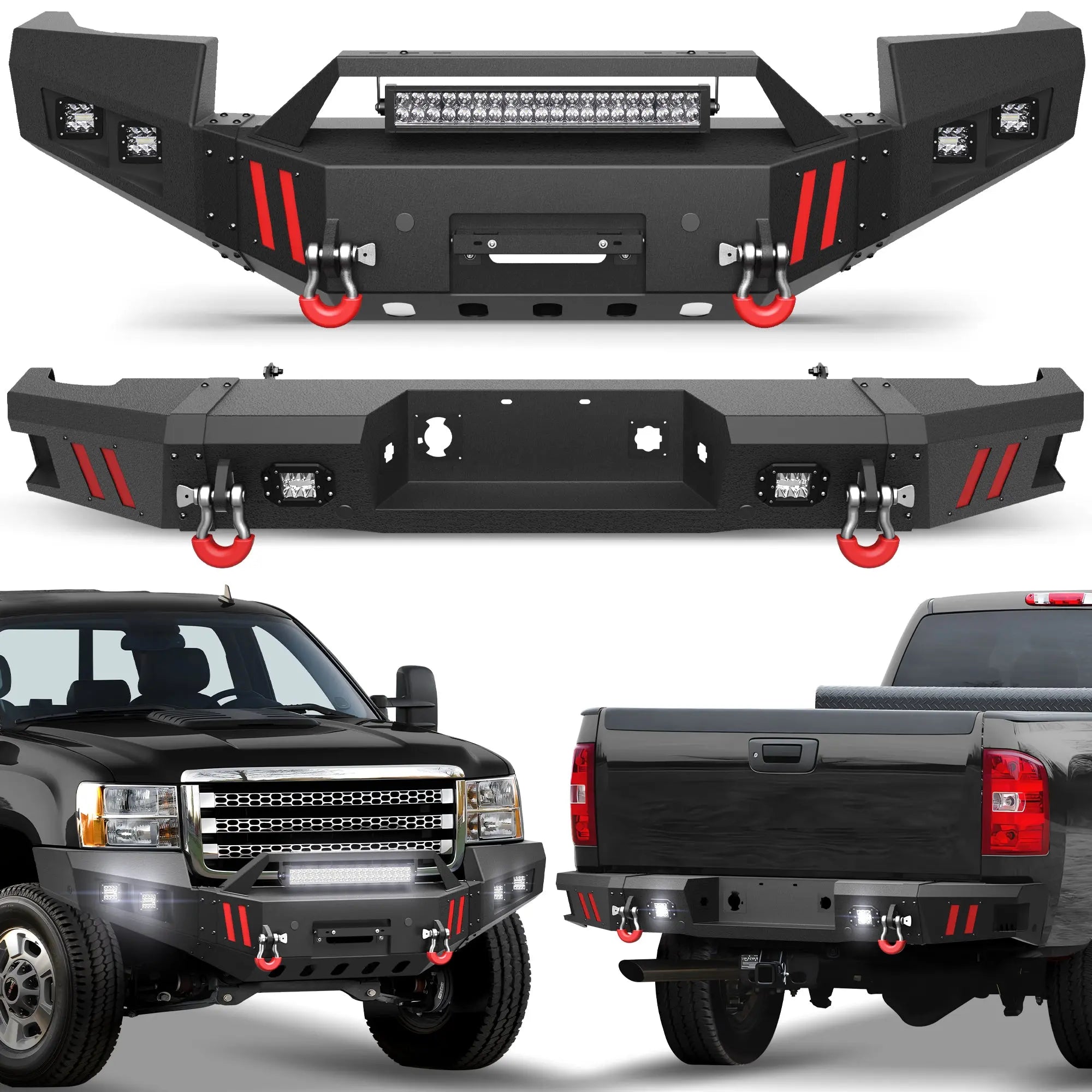 Longsun Heavy-Duty Bumper Set for 2011- 2014 GMC Sierra 2500/3500 with Winch Plate, LED Light