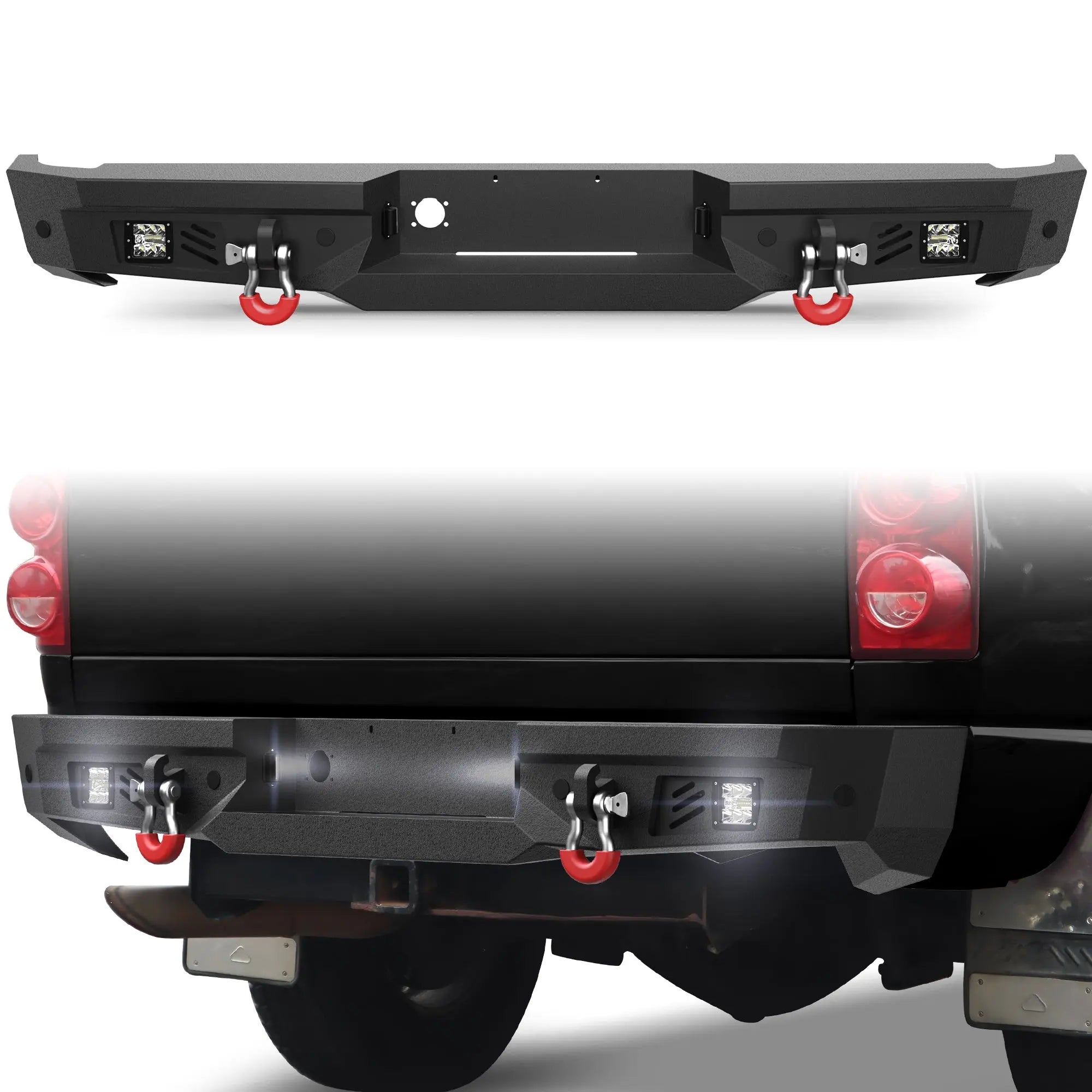 Longsun Ram Rear Bumper for 2002-2008 Ram 1500 & 2003-2009 Ram 2500/3500 | Heavy-Duty Steel Rear Bumper with Step Plate, LED Lights, D-Ring & Parking Sensor Holes