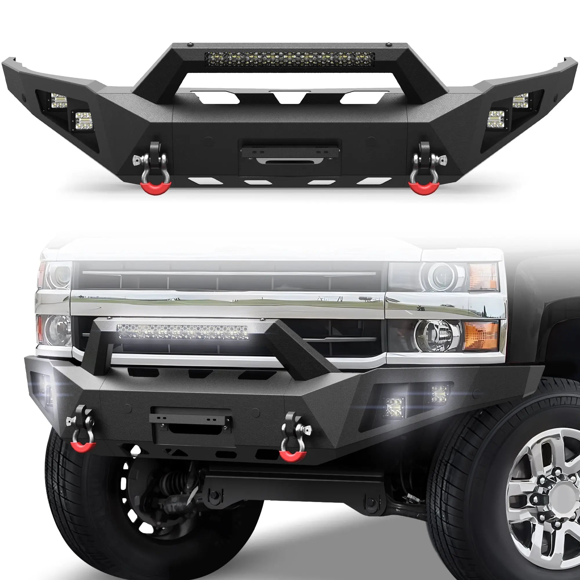 Longsun Front Bumper for 2015 2016 2017 2018 2019 Chevy Silverado 2500HD 3500HD | Heavy-Duty Steel Front Bumper with Winch Plate, LED Lights, D-Ring & Parking Sensor Holes
