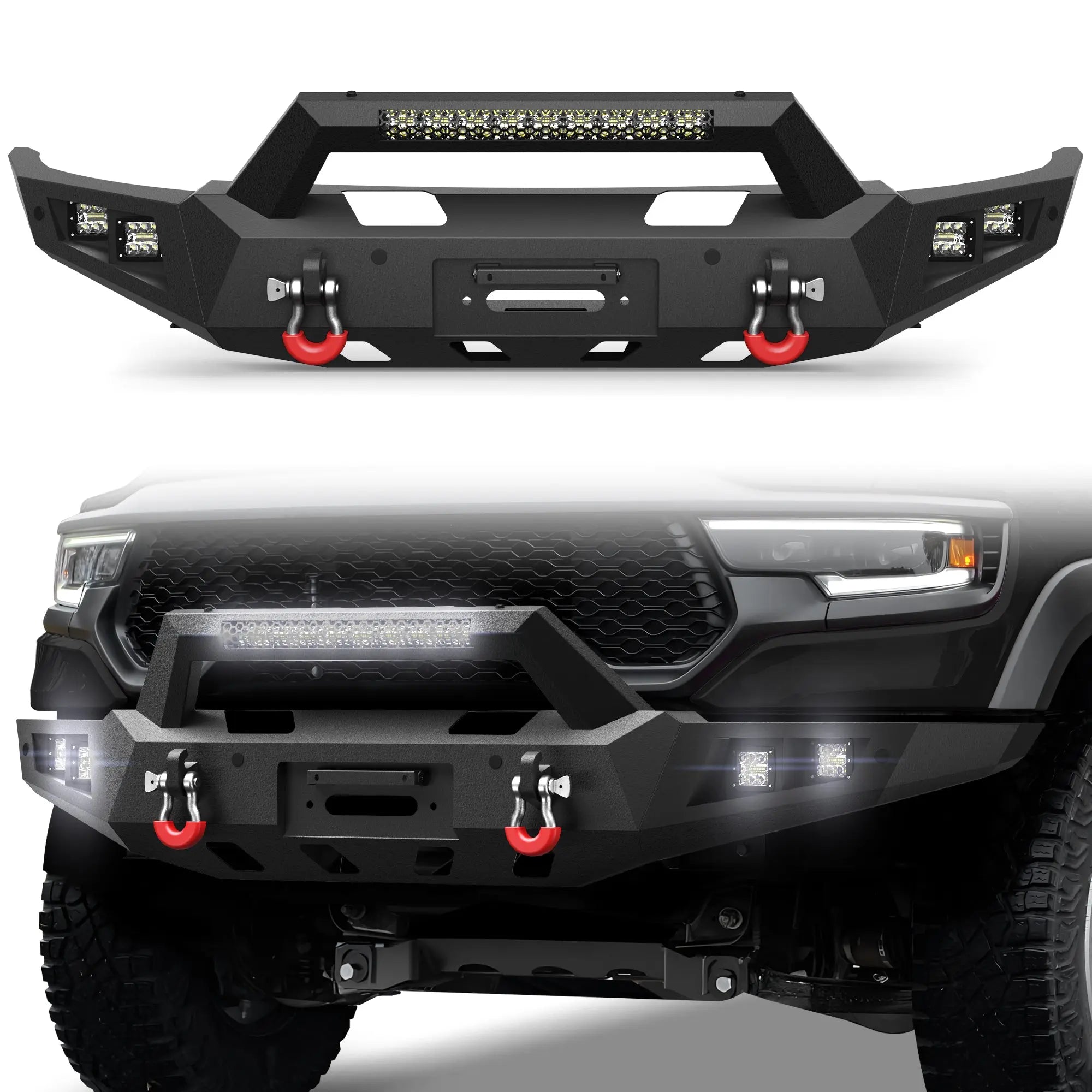 Longsun Front Bumper for 2021 2022 2023 2024 2025 Ram 1500 TRX | Heavy-Duty Steel Front Bumper with Winch Plate, LED Lights, D-Ring & Parking Sensor Holes