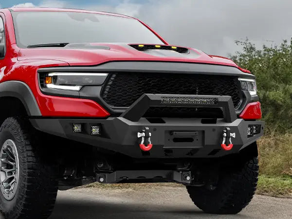 Longsun Front Bumper for 2021 2022 2023 2024 2025 Ram 1500 TRX | Heavy-Duty Steel Front Bumper with Winch Plate, LED Lights, D-Ring & Parking Sensor Holes