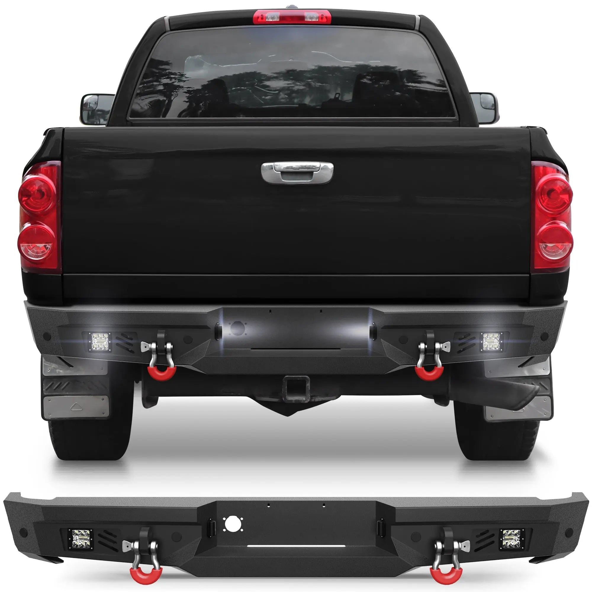 Longsun Ram Rear Bumper for 2002-2008 Ram 1500 & 2003-2009 Ram 2500/3500 | Heavy-Duty Steel Rear Bumper with Step Plate, LED Lights, D-Ring & Parking Sensor Holes