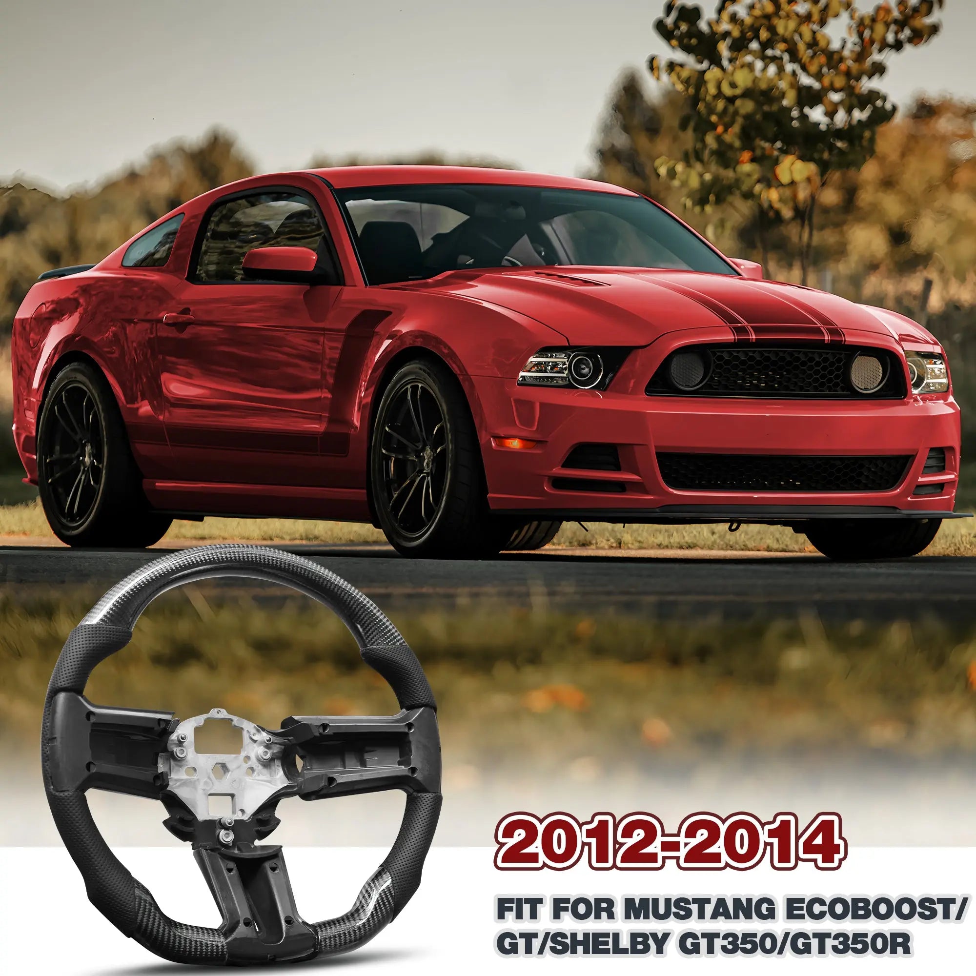 Carbon Fiber Steering Wheel for 2012–2014 Ford Mustang, Flat Bottom Performance Wheel with Nappa Leather Grip & Red Center Stripe