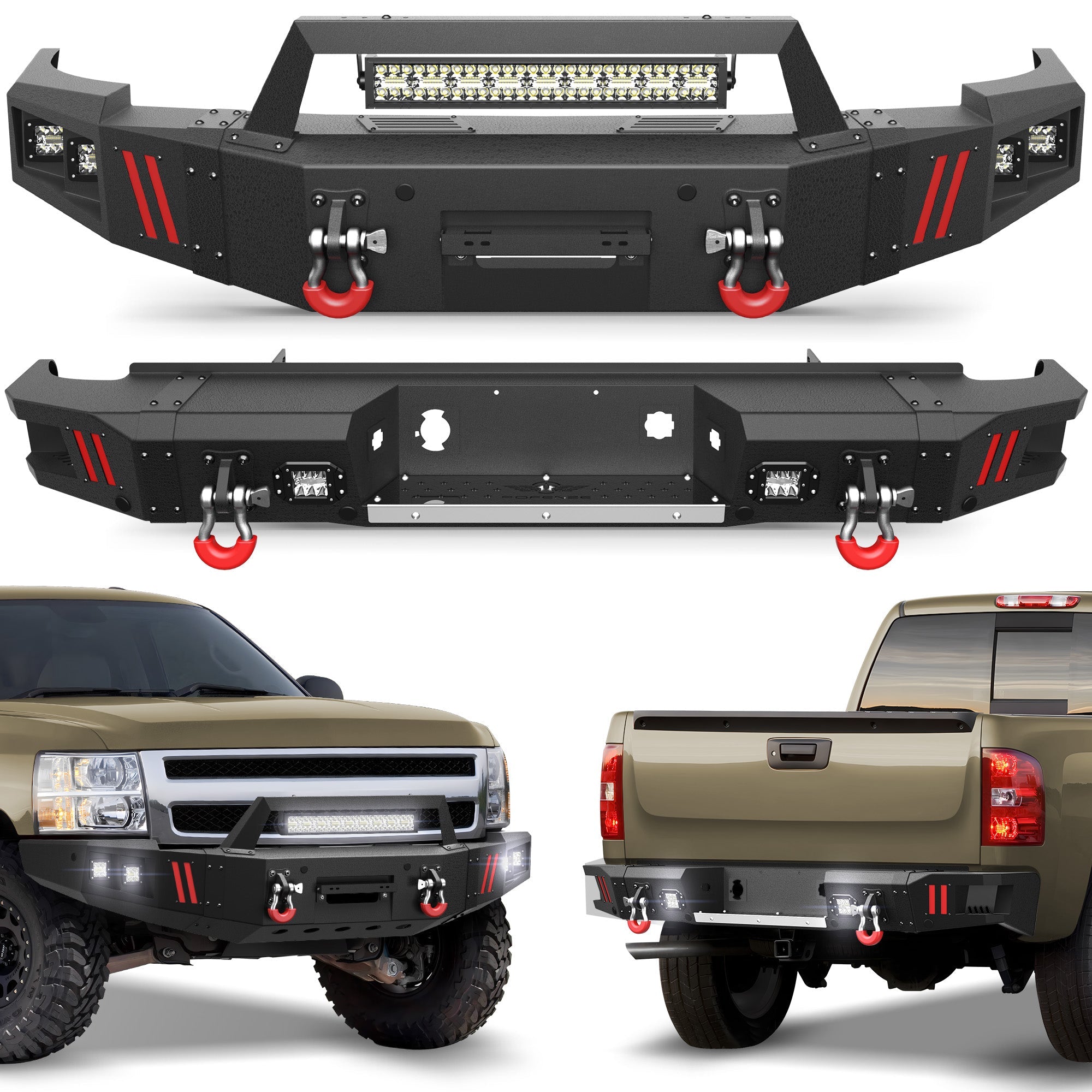 2007-2013 Chevy Silverado 1500 Bumper Set with Winch Plate & Bright LED Lights - nadiaauto