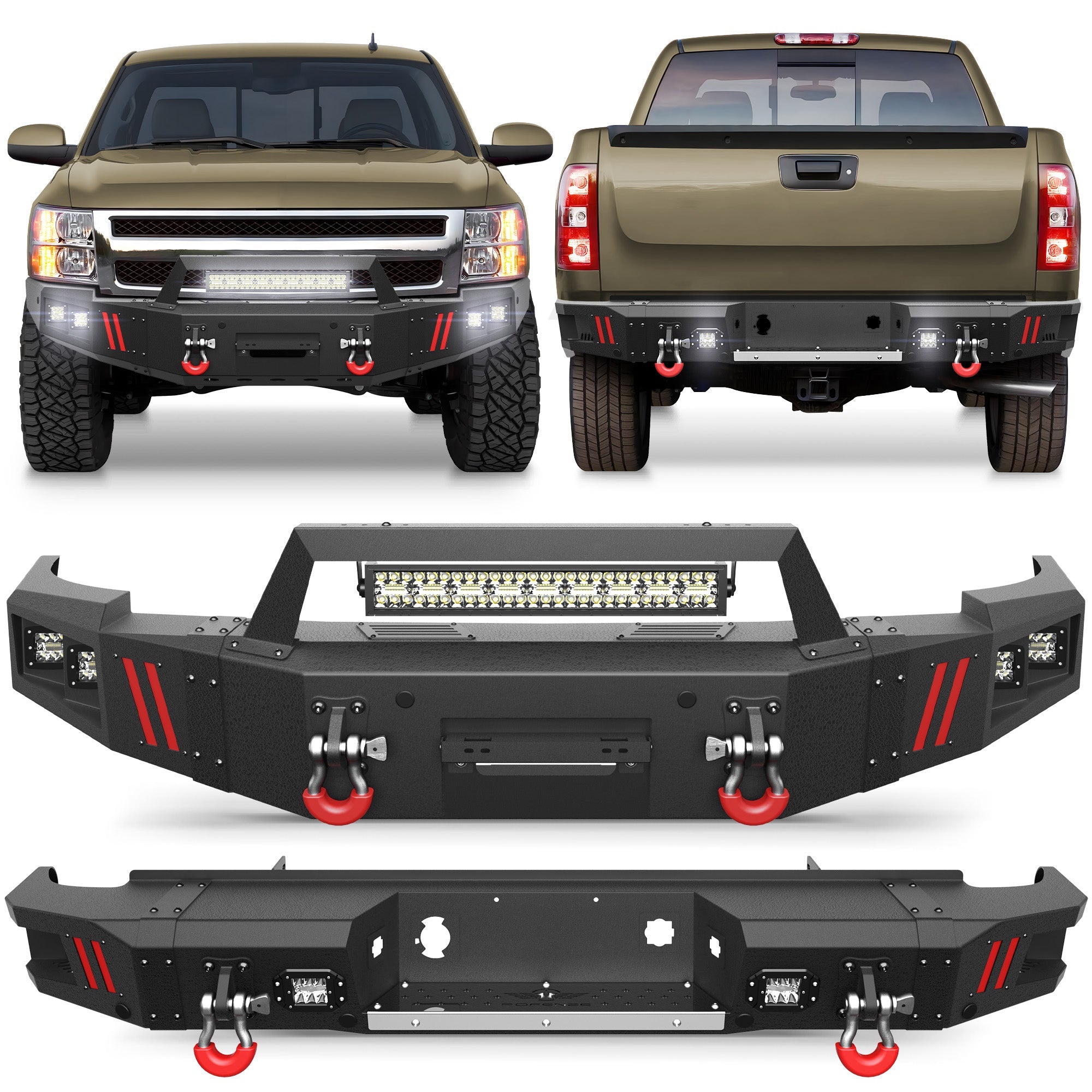 2007-2013 Chevy Silverado 1500 Bumper Set with Winch Plate & Bright LED Lights - nadiaauto