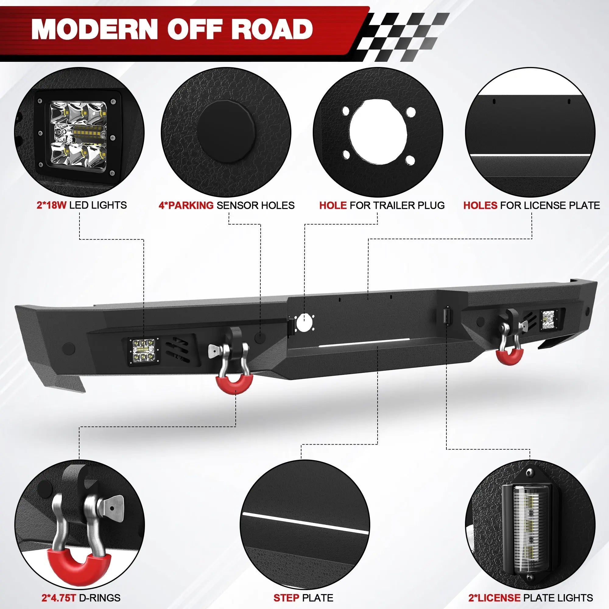 Longsun Ram Rear Bumper for 2002-2008 Ram 1500 & 2003-2009 Ram 2500/3500 | Heavy-Duty Steel Rear Bumper with Step Plate, LED Lights, D-Ring & Parking Sensor Holes