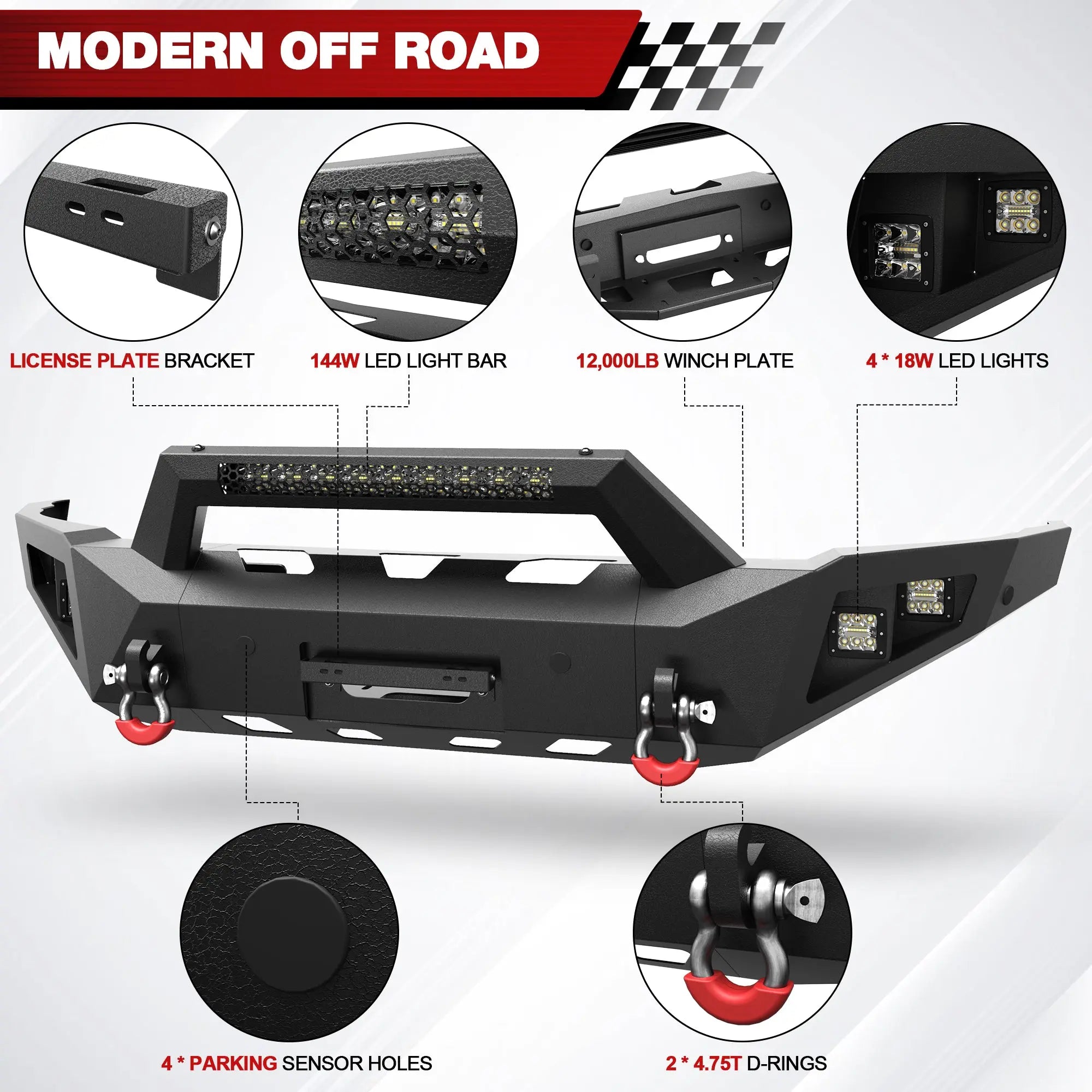 Longsun Front Bumper for 2015 2016 2017 2018 2019 Chevy Silverado 2500HD 3500HD | Heavy-Duty Steel Front Bumper with Winch Plate, LED Lights, D-Ring & Parking Sensor Holes
