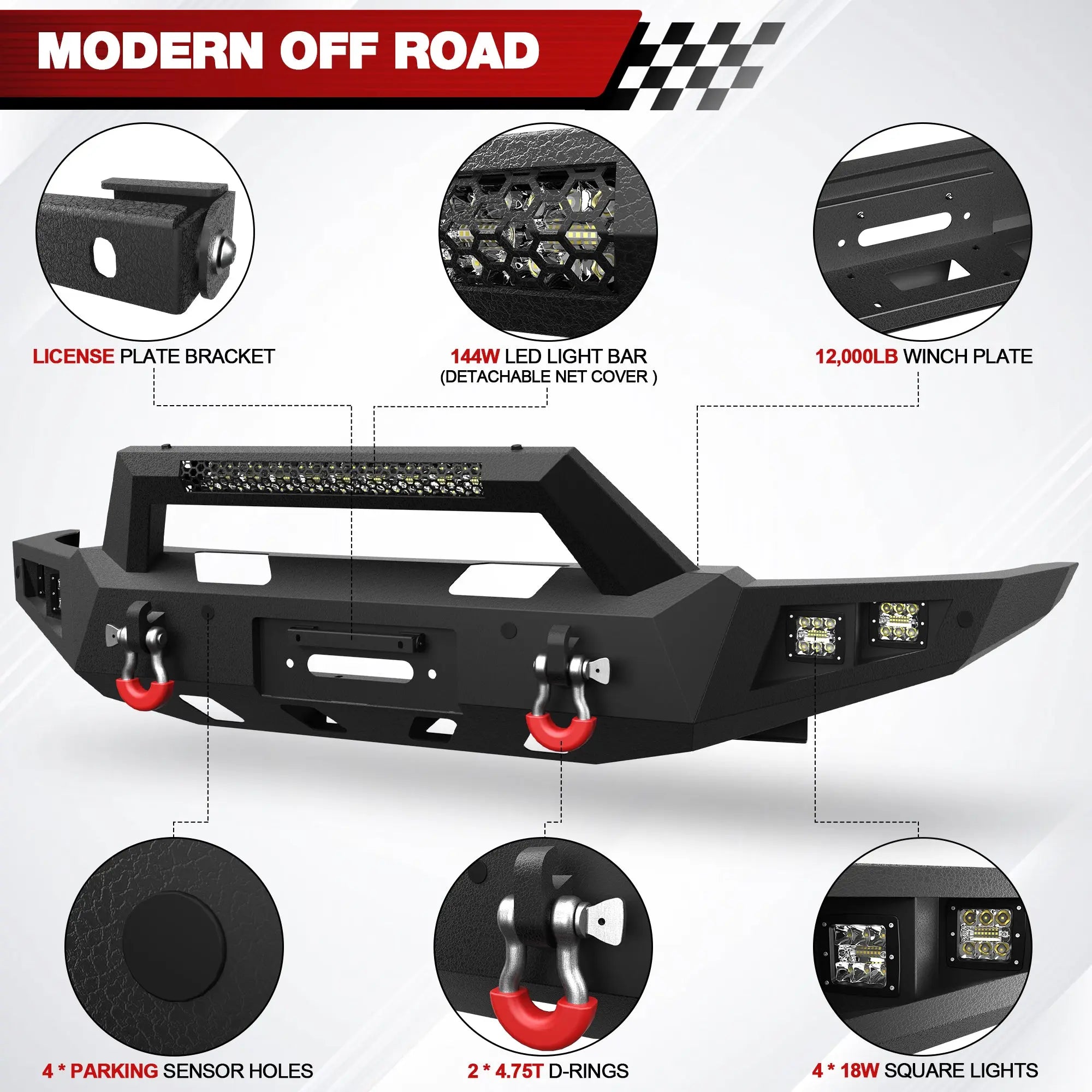 Longsun Front Bumper for 2021 2022 2023 2024 2025 Ram 1500 TRX | Heavy-Duty Steel Front Bumper with Winch Plate, LED Lights, D-Ring & Parking Sensor Holes