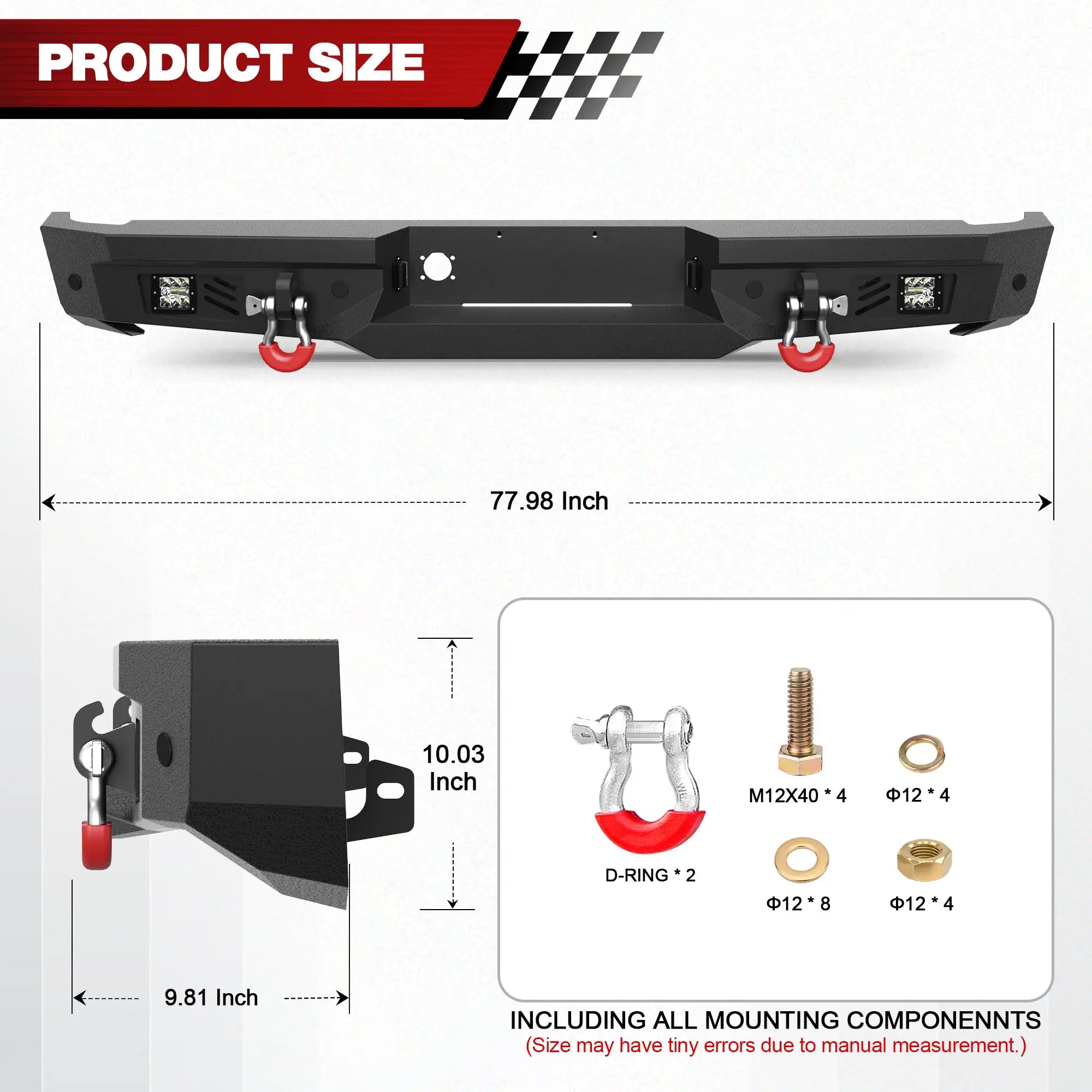 Longsun Ram Rear Bumper for 2002-2008 Ram 1500 & 2003-2009 Ram 2500/3500 | Heavy-Duty Steel Rear Bumper with Step Plate, LED Lights, D-Ring & Parking Sensor Holes