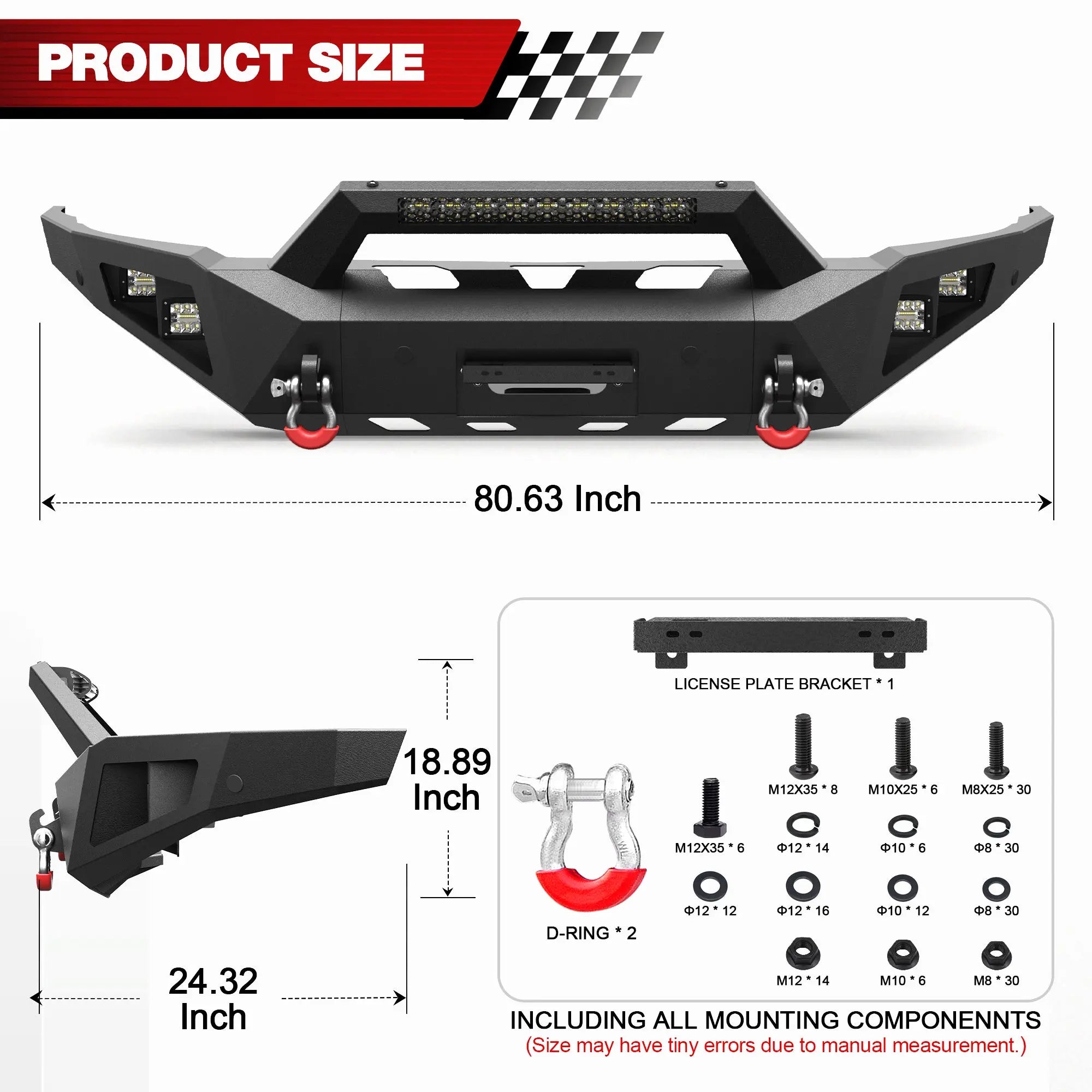 Longsun Front Bumper for 2015 2016 2017 2018 2019 Chevy Silverado 2500HD 3500HD | Heavy-Duty Steel Front Bumper with Winch Plate, LED Lights, D-Ring & Parking Sensor Holes