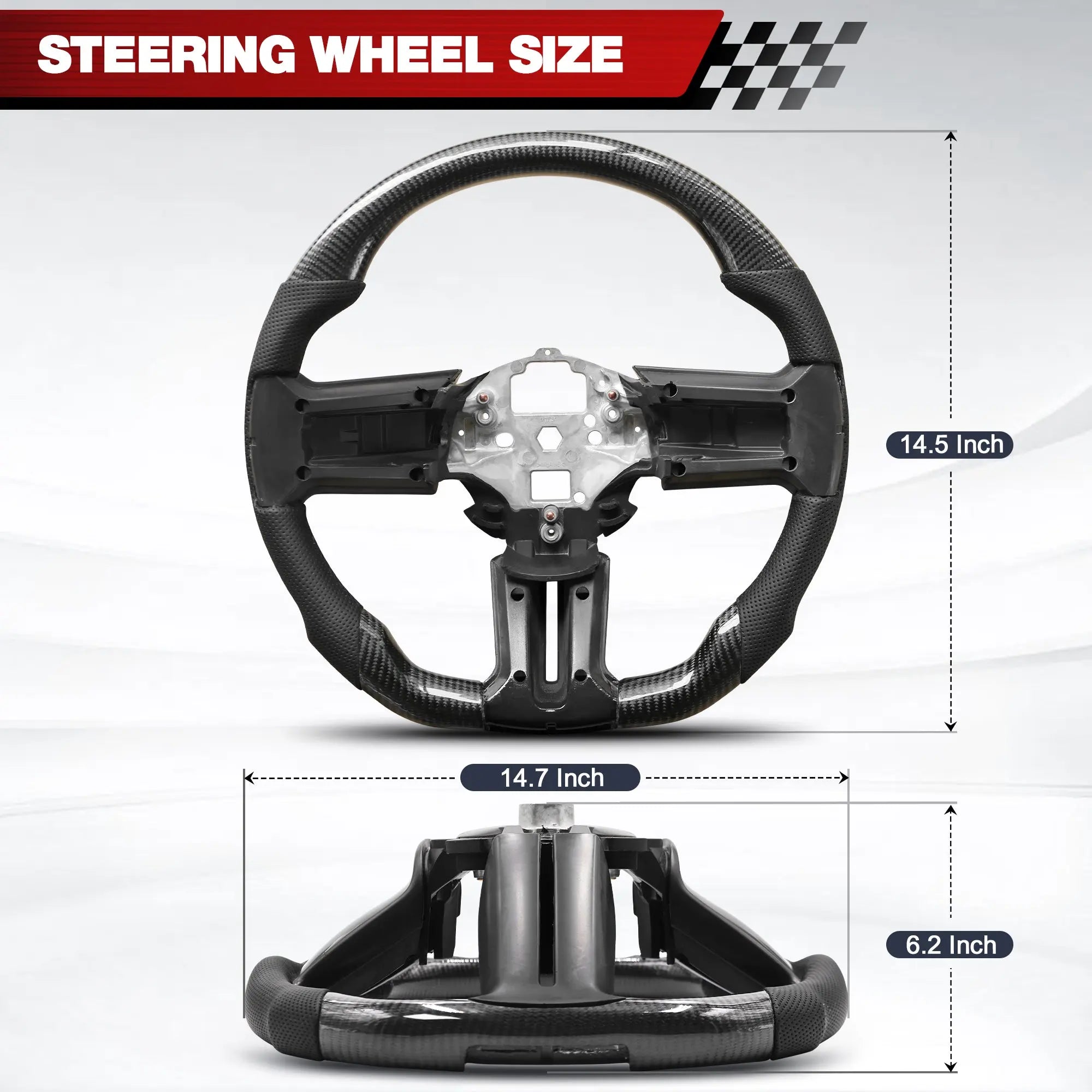 Carbon Fiber Steering Wheel for 2012–2014 Ford Mustang, Flat Bottom Performance Wheel with Nappa Leather Grip & Red Center Stripe