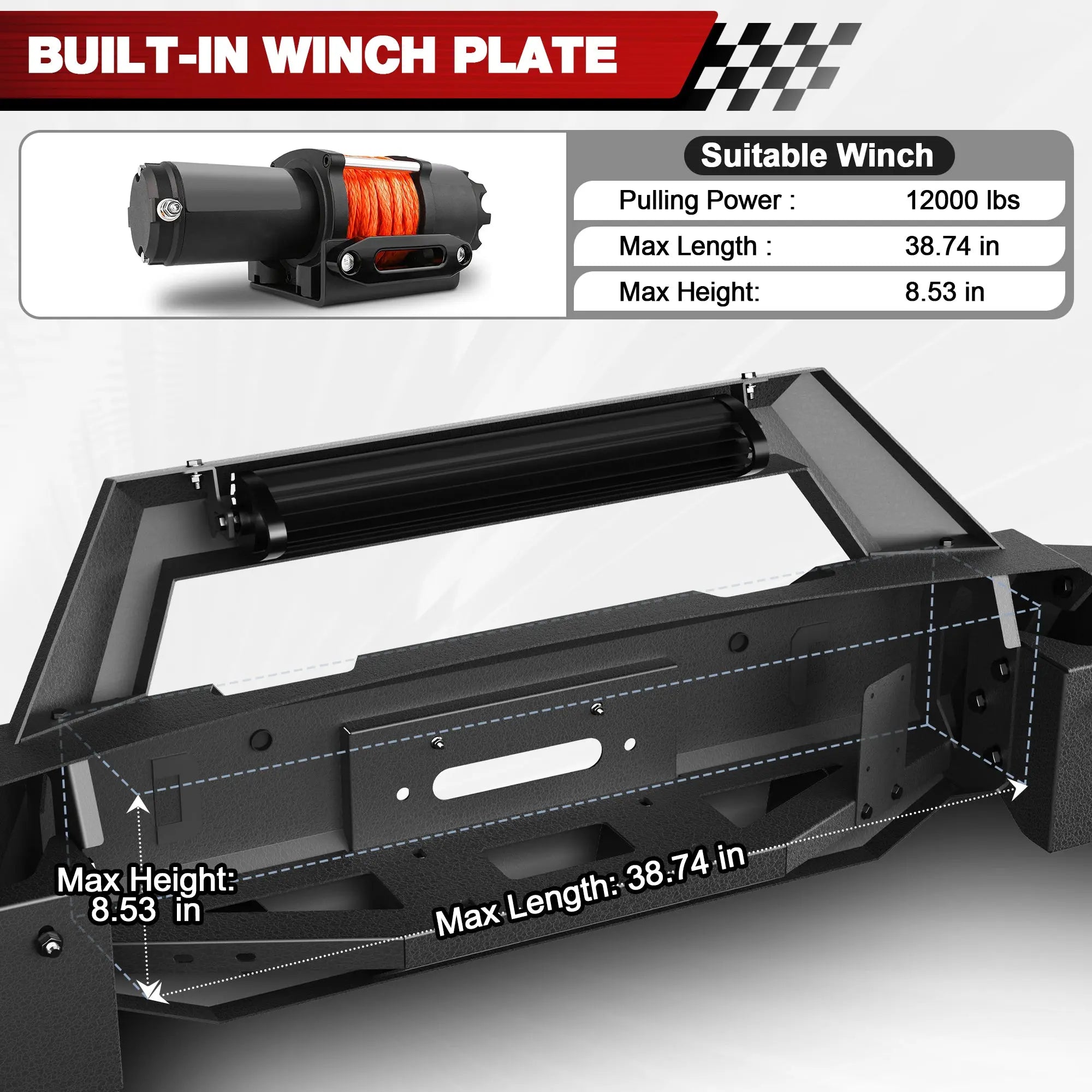 Longsun Front Bumper for 2021 2022 2023 2024 2025 Ram 1500 TRX | Heavy-Duty Steel Front Bumper with Winch Plate, LED Lights, D-Ring & Parking Sensor Holes