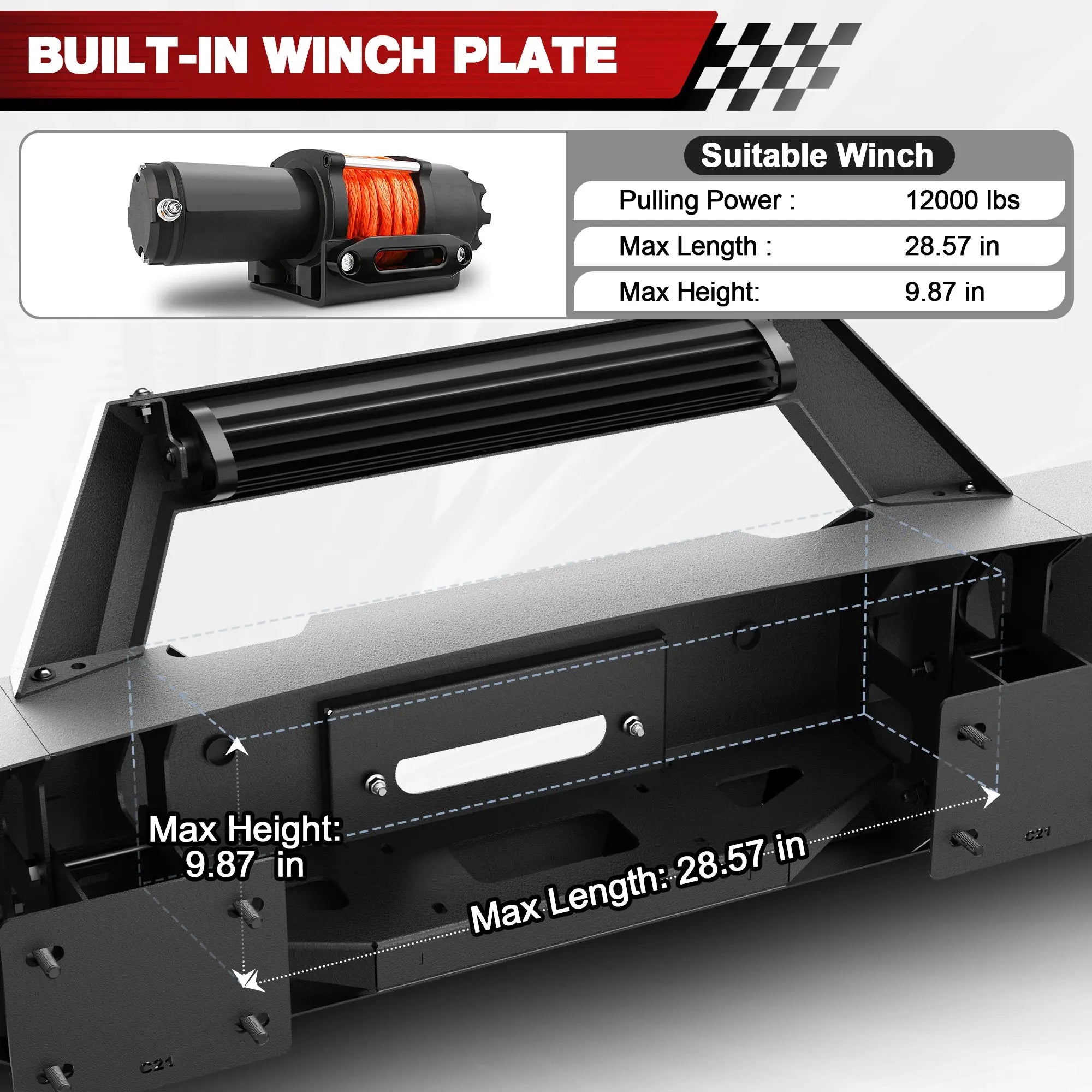 Front Bumper for 2020 2021 2022 2023 Chevy Silverado 2500HD 3500HD, Steel Winch Bumper with 12,000 lb Winch Plate, LED Lights & D-Rings