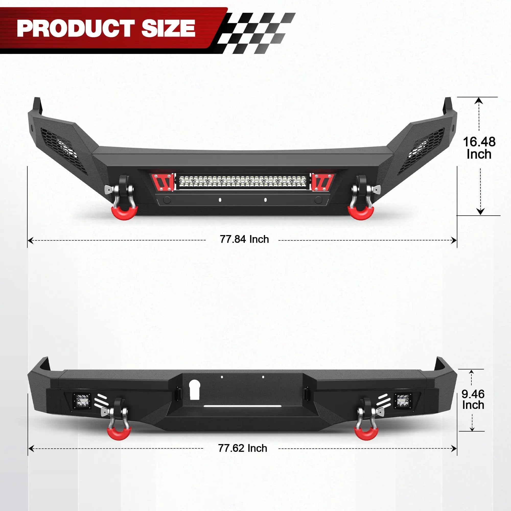 Front & Rear Bumper Set for 2013–2018 Ram 1500 & 2019–2024 Ram 1500 Classic, Steel Bumpers with LED Lights, D-Rings, Rear Step & Sensor Holes