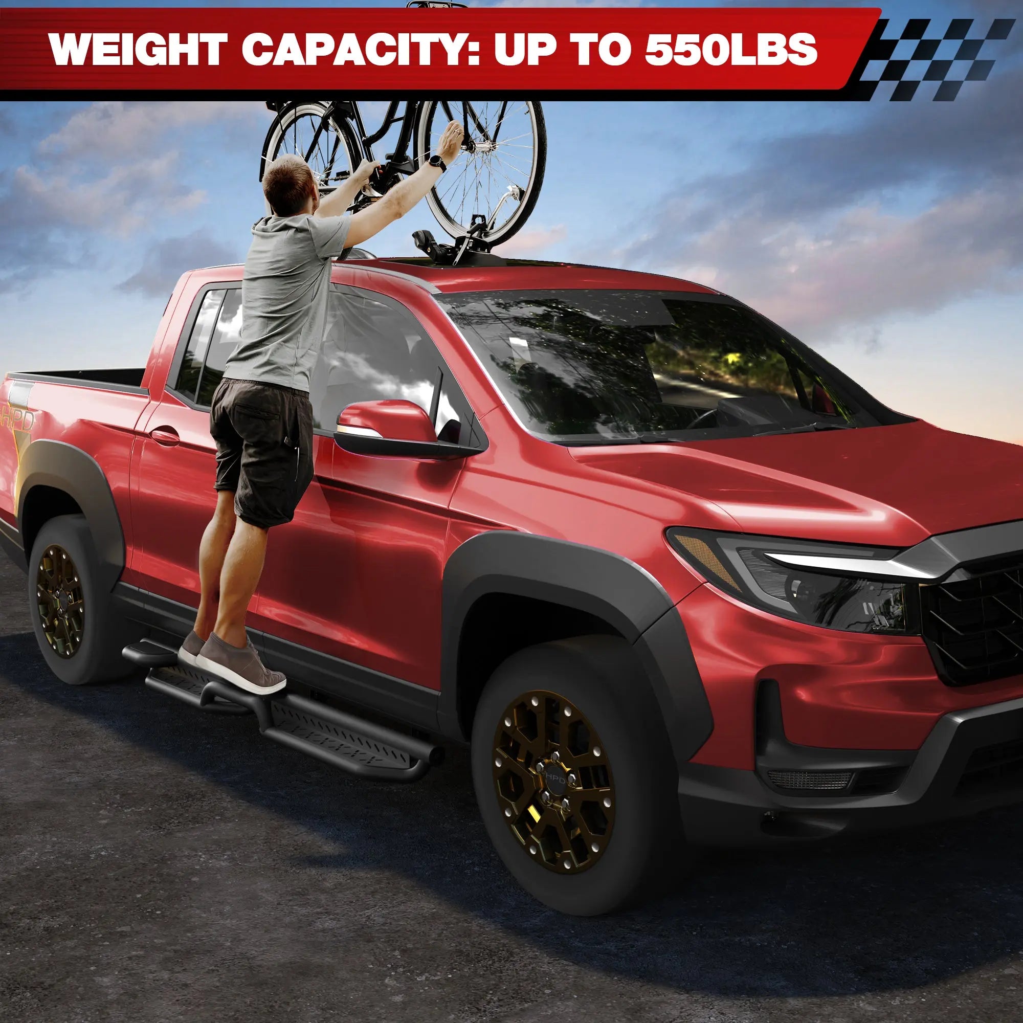 Running Boards for 2017–2025 Honda Ridgeline, Dual Raised Step Side Steps, 550 LB Carbon Steel Nerf Bars