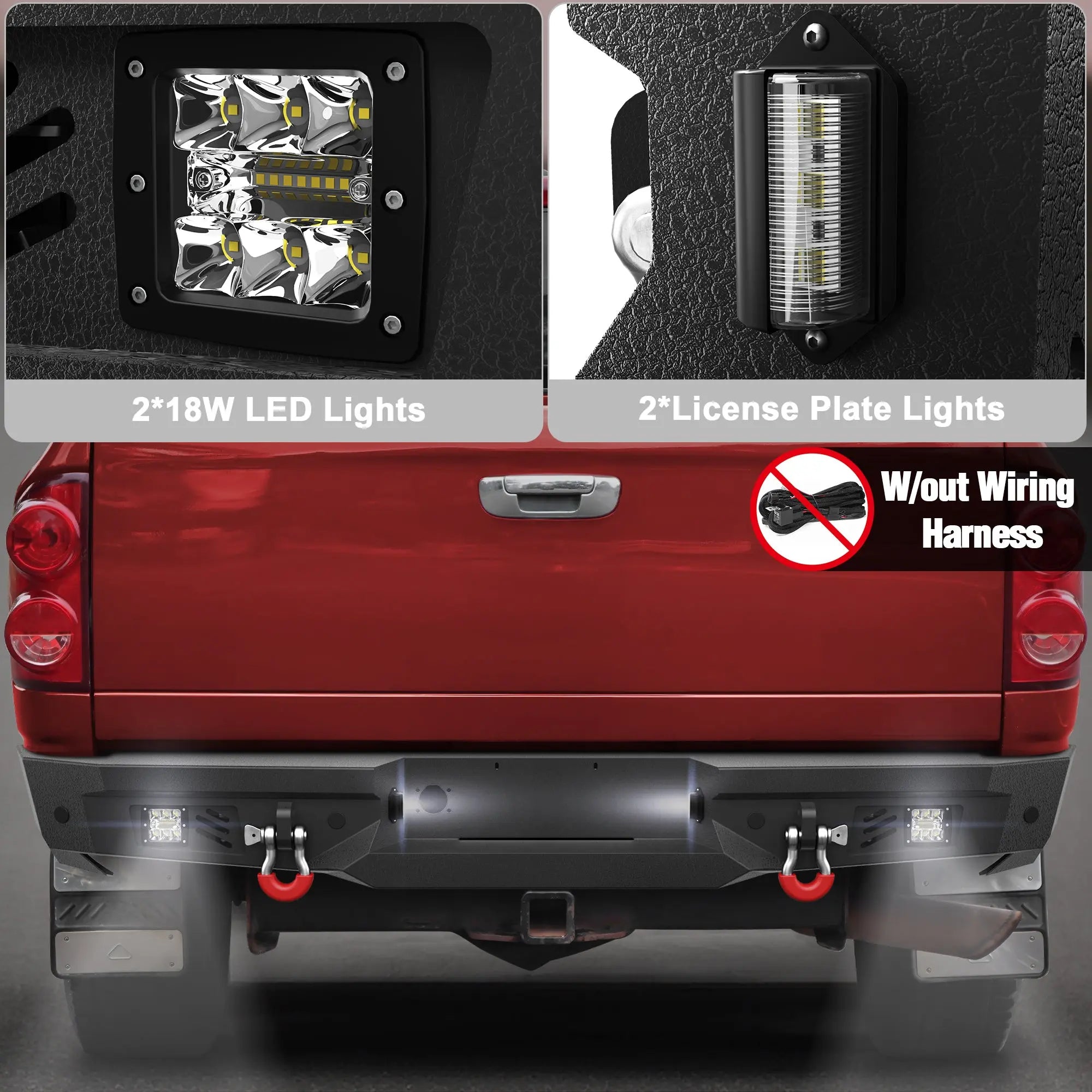 Longsun Ram Rear Bumper for 2002-2008 Ram 1500 & 2003-2009 Ram 2500/3500 | Heavy-Duty Steel Rear Bumper with Step Plate, LED Lights, D-Ring & Parking Sensor Holes