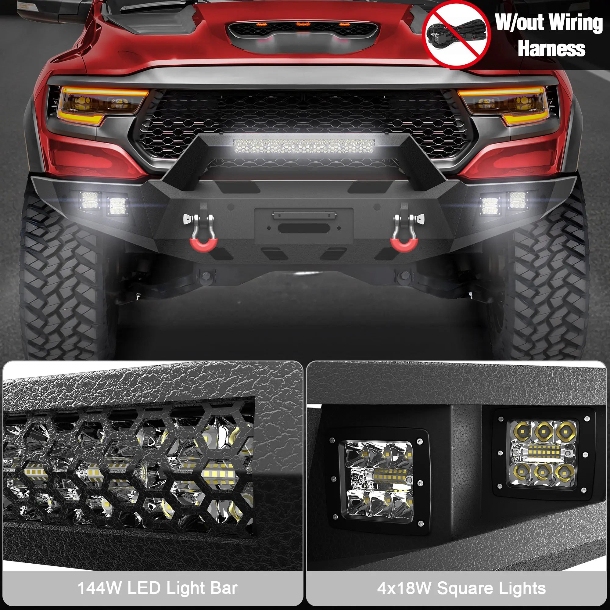 Longsun Front Bumper for 2021 2022 2023 2024 2025 Ram 1500 TRX | Heavy-Duty Steel Front Bumper with Winch Plate, LED Lights, D-Ring & Parking Sensor Holes