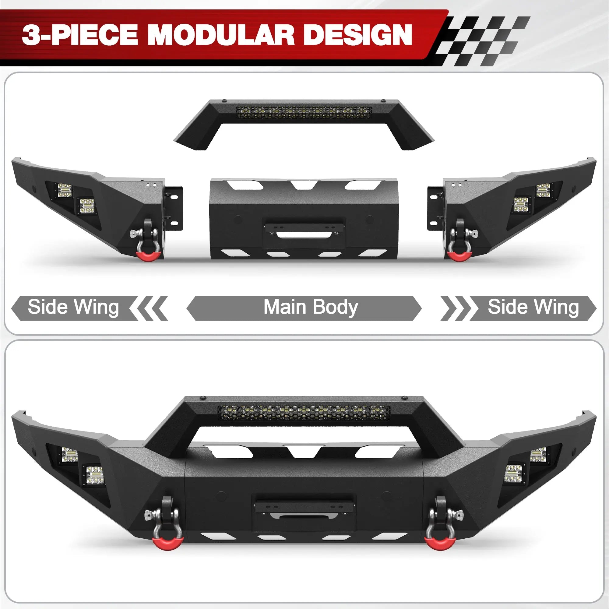 Longsun Front Bumper for 2015 2016 2017 2018 2019 Chevy Silverado 2500HD 3500HD | Heavy-Duty Steel Front Bumper with Winch Plate, LED Lights, D-Ring & Parking Sensor Holes