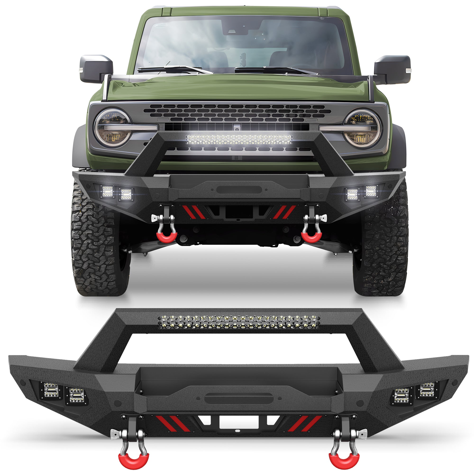 Bronco Front Bumper for 2021-2026 Ford Bronco | Off-Road Front Bumper with Winch Plate, LED Lights, D-Ring & Sensor Holes (Excludes Bronco Sport & Raptor)