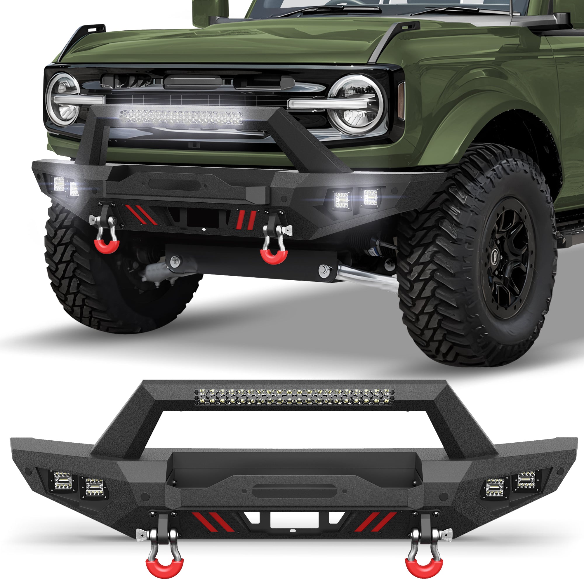 Bronco Front Bumper for 2021-2026 Ford Bronco | Off-Road Front Bumper with Winch Plate, LED Lights, D-Ring & Sensor Holes (Excludes Bronco Sport & Raptor)