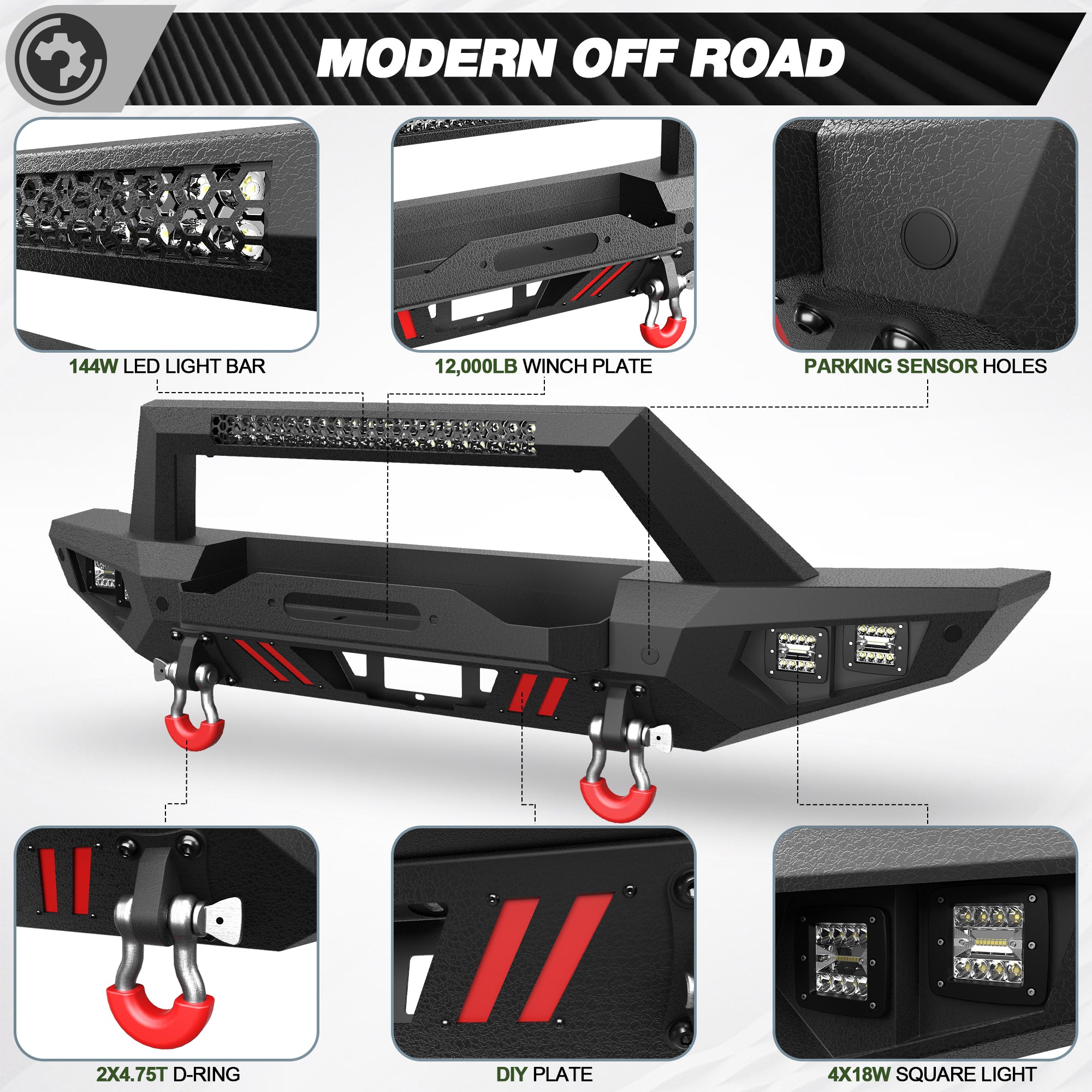 Bronco Front Bumper for 2021-2026 Ford Bronco | Off-Road Front Bumper with Winch Plate, LED Lights, D-Ring & Sensor Holes (Excludes Bronco Sport & Raptor)