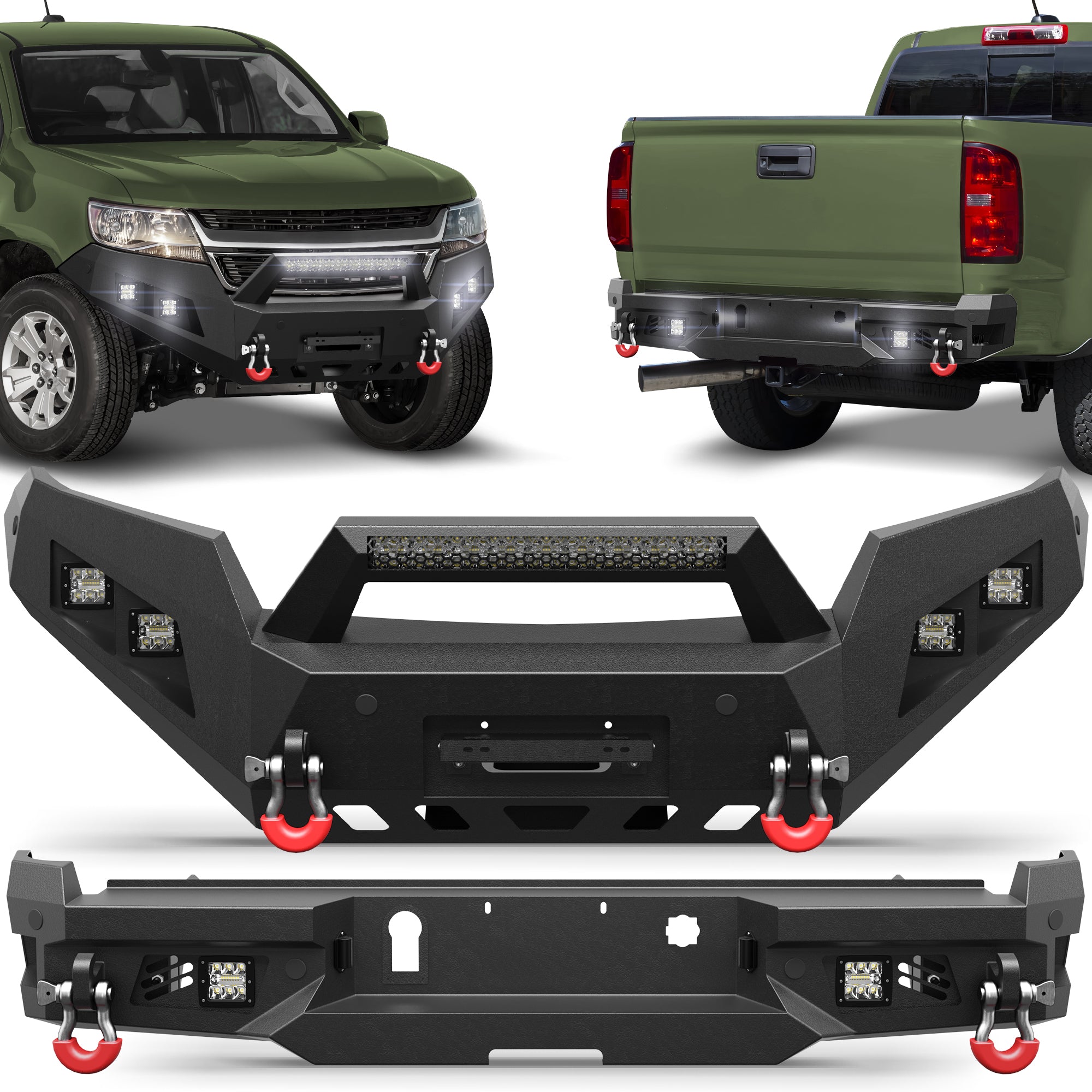 Colorado Front Bumper and Rear Bumper Kit for 2015-2020 Chevy Colorado | Heavy-Duty Steel Bumper Set with Winch Plate, LED Lights, D-Rings & License Plate Bracket (Excludes ZR2)