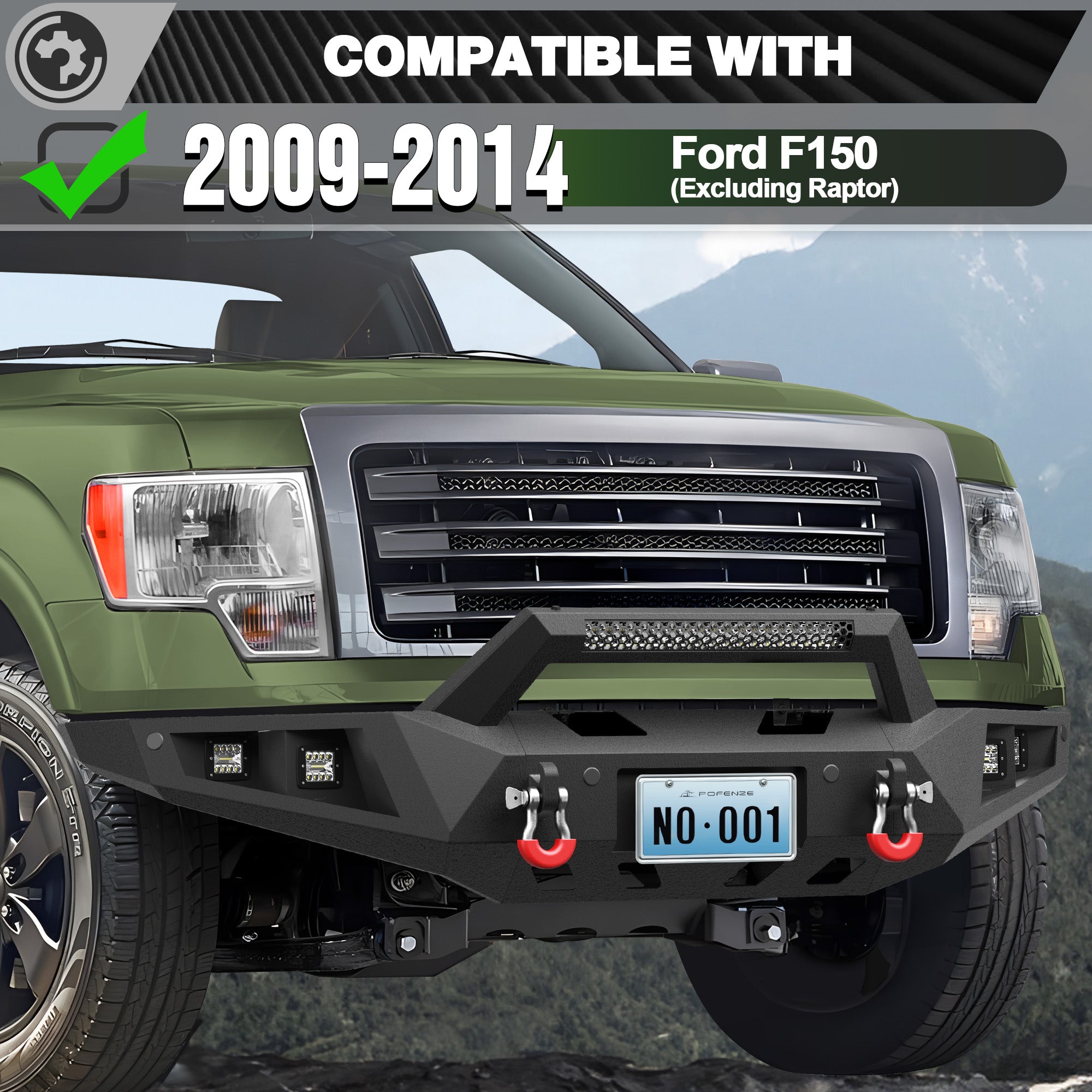 Front Bumper for 2009-2014 Ford F-150 | Heavy-Duty Steel Front Bumper with Winch Plate, LED Lights, D-Ring & License Plate Bracket (Excludes Raptor)