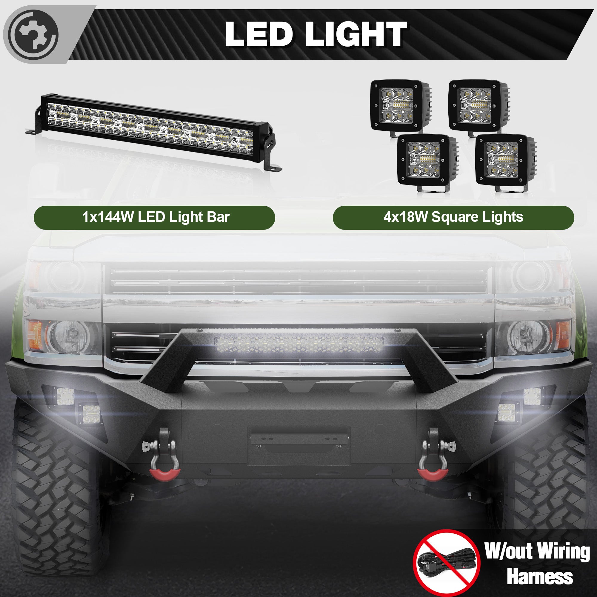 Front Bumper for 2015 2016 2017 2018 2019 Chevy Silverado 2500HD 3500HD | Heavy-Duty Steel Front Bumper with Winch Plate, LED Lights, D-Ring & Parking Sensor Holes