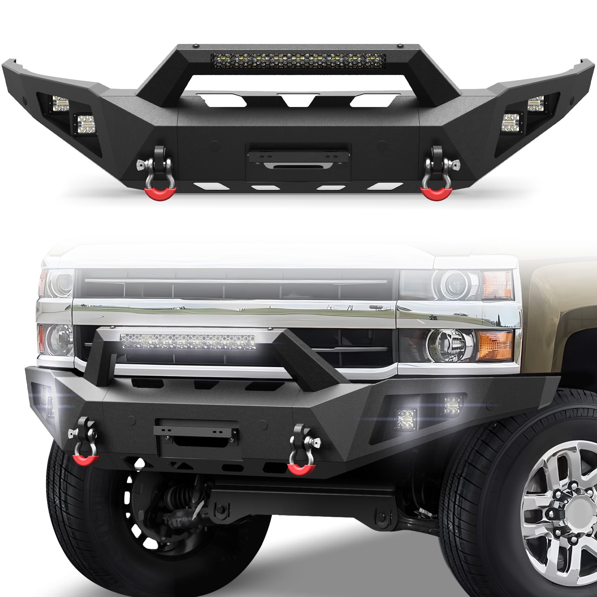 Front Bumper for 2015 2016 2017 2018 2019 Chevy Silverado 2500HD 3500HD | Heavy-Duty Steel Front Bumper with Winch Plate, LED Lights, D-Ring & Parking Sensor Holes