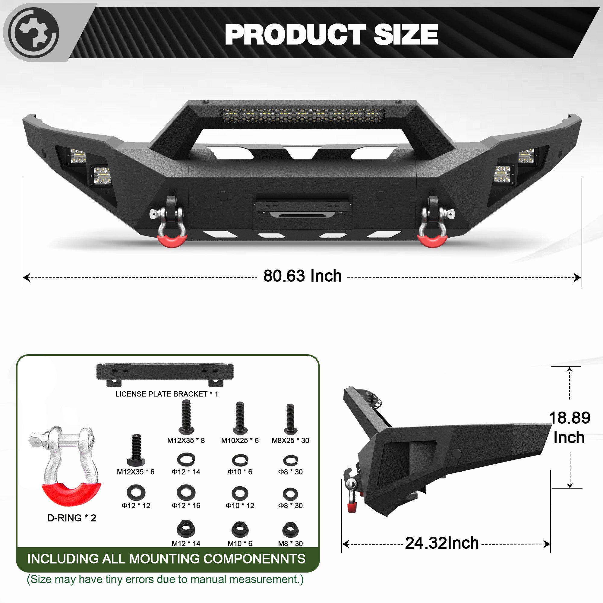 Front Bumper for 2015 2016 2017 2018 2019 Chevy Silverado 2500HD 3500HD | Heavy-Duty Steel Front Bumper with Winch Plate, LED Lights, D-Ring & Parking Sensor Holes