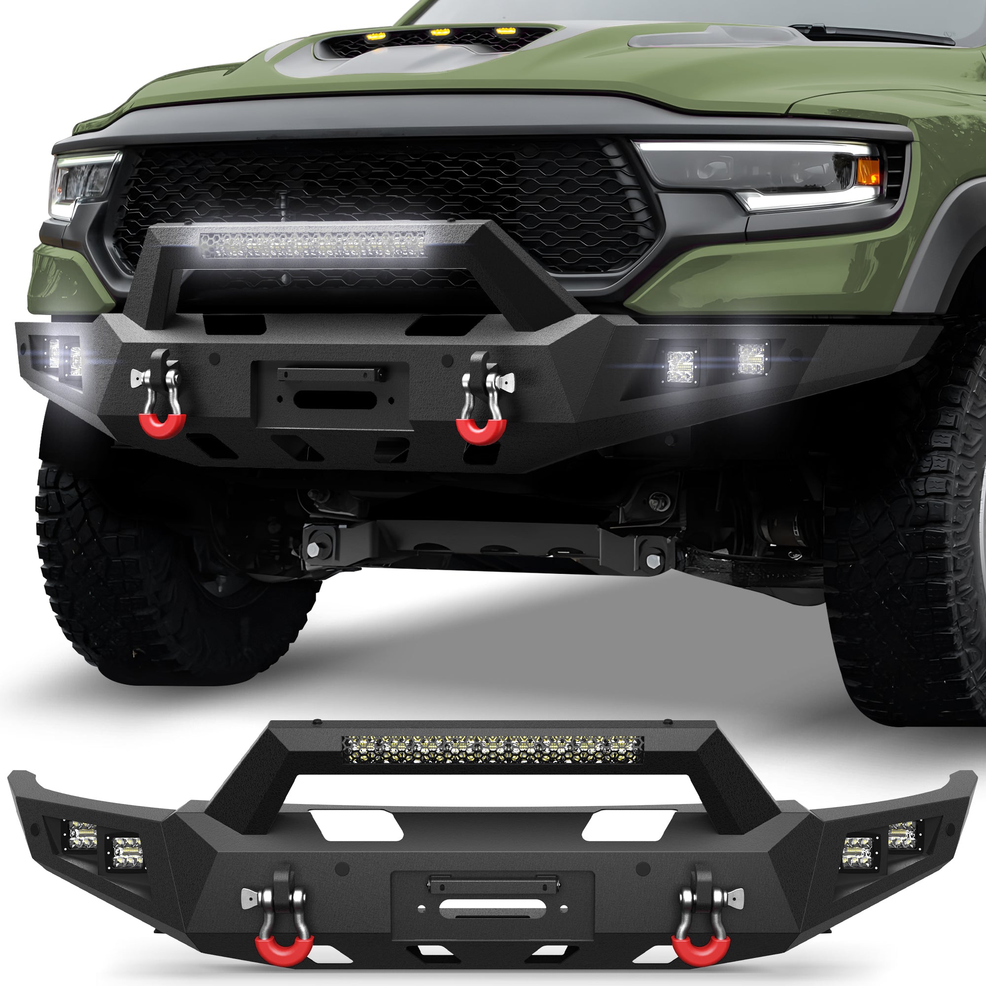 Front Bumper for 2021 2022 2023 2024 2025 Ram 1500 TRX | Heavy-Duty Steel Front Bumper with Winch Plate, LED Lights, D-Ring & Parking Sensor Holes