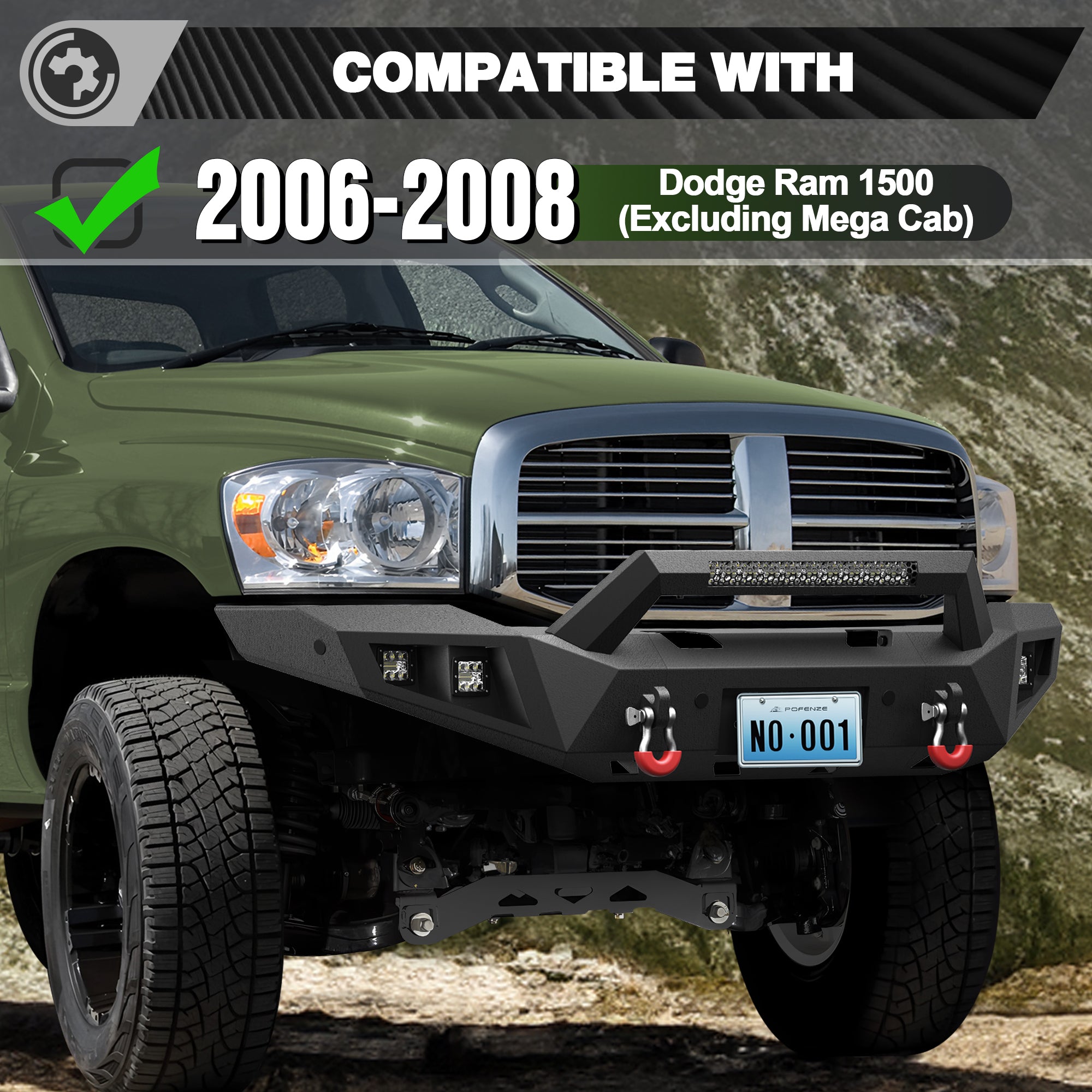 Ram 1500 Front & Rear Bumper Kit for 2006 2007 2008 Ram 1500 | Heavy-Duty Steel Bumper Set with Winch Plate, LED Lights, D-Ring & License Plate Bracket (Excluding Mega Cab)