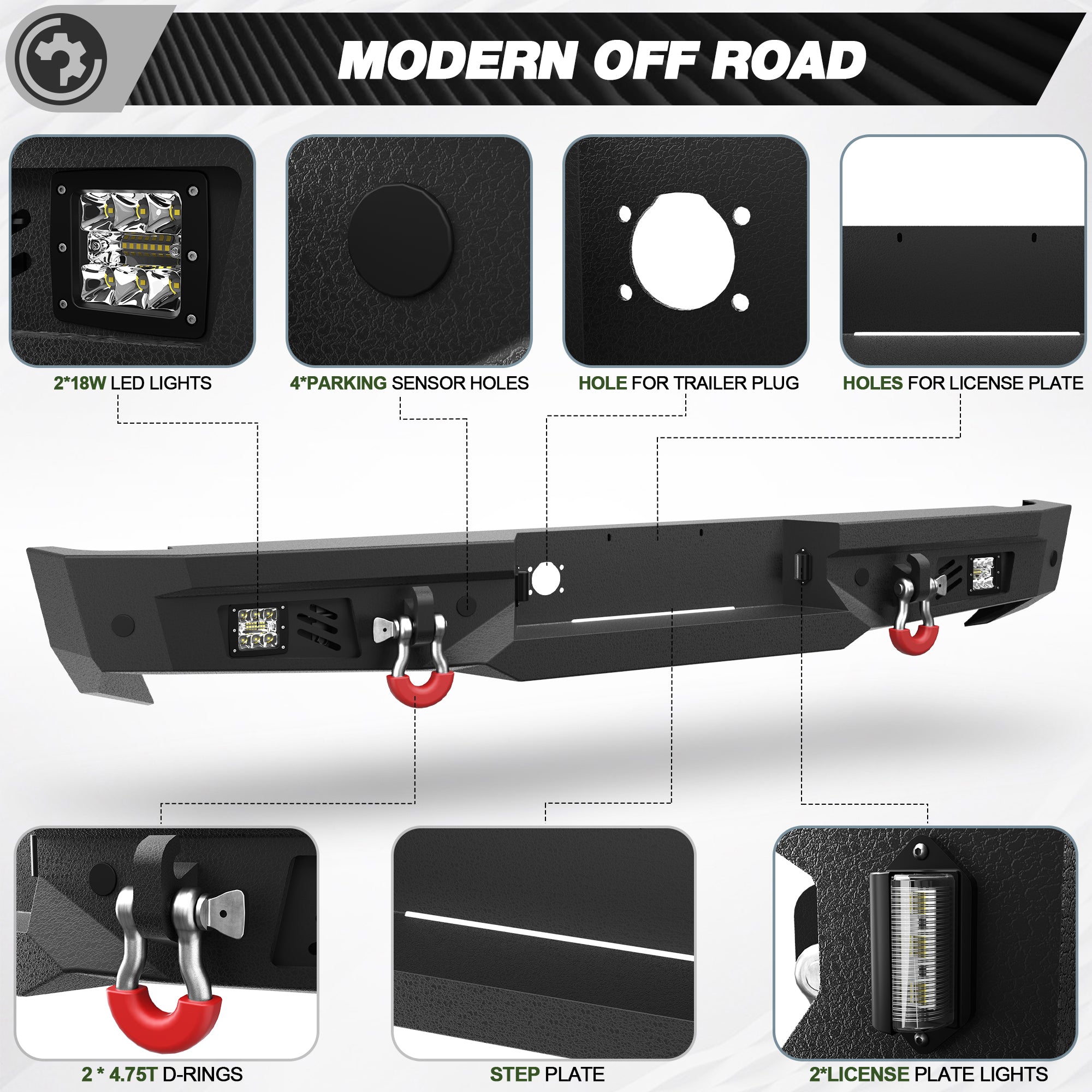 Ram 1500 Front & Rear Bumper Kit for 2006 2007 2008 Ram 1500 | Heavy-Duty Steel Bumper Set with Winch Plate, LED Lights, D-Ring & License Plate Bracket (Excluding Mega Cab)