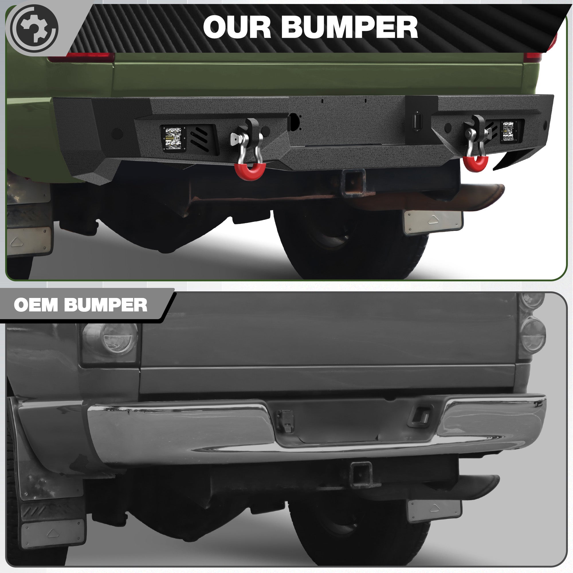Ram Rear Bumper for 2002-2008 Ram 1500 & 2003-2009 Ram 2500/3500 | Heavy-Duty Steel Rear Bumper with Step Plate, LED Lights, D-Ring & Parking Sensor Holes