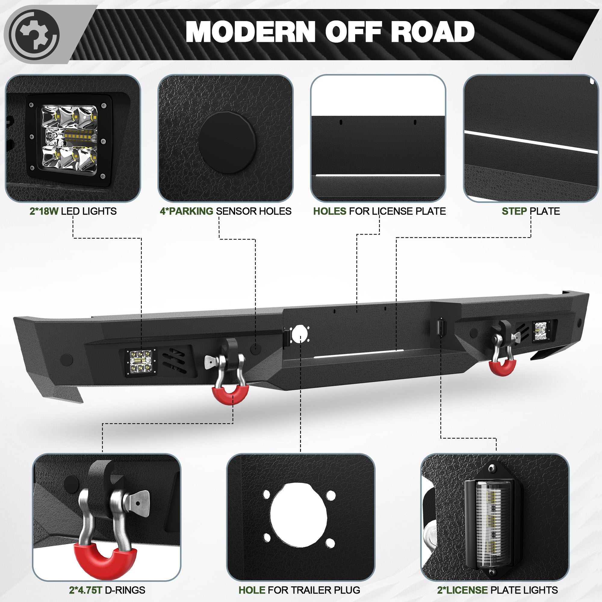 Ram Rear Bumper for 2002-2008 Ram 1500 & 2003-2009 Ram 2500/3500 | Heavy-Duty Steel Rear Bumper with Step Plate, LED Lights, D-Ring & Parking Sensor Holes
