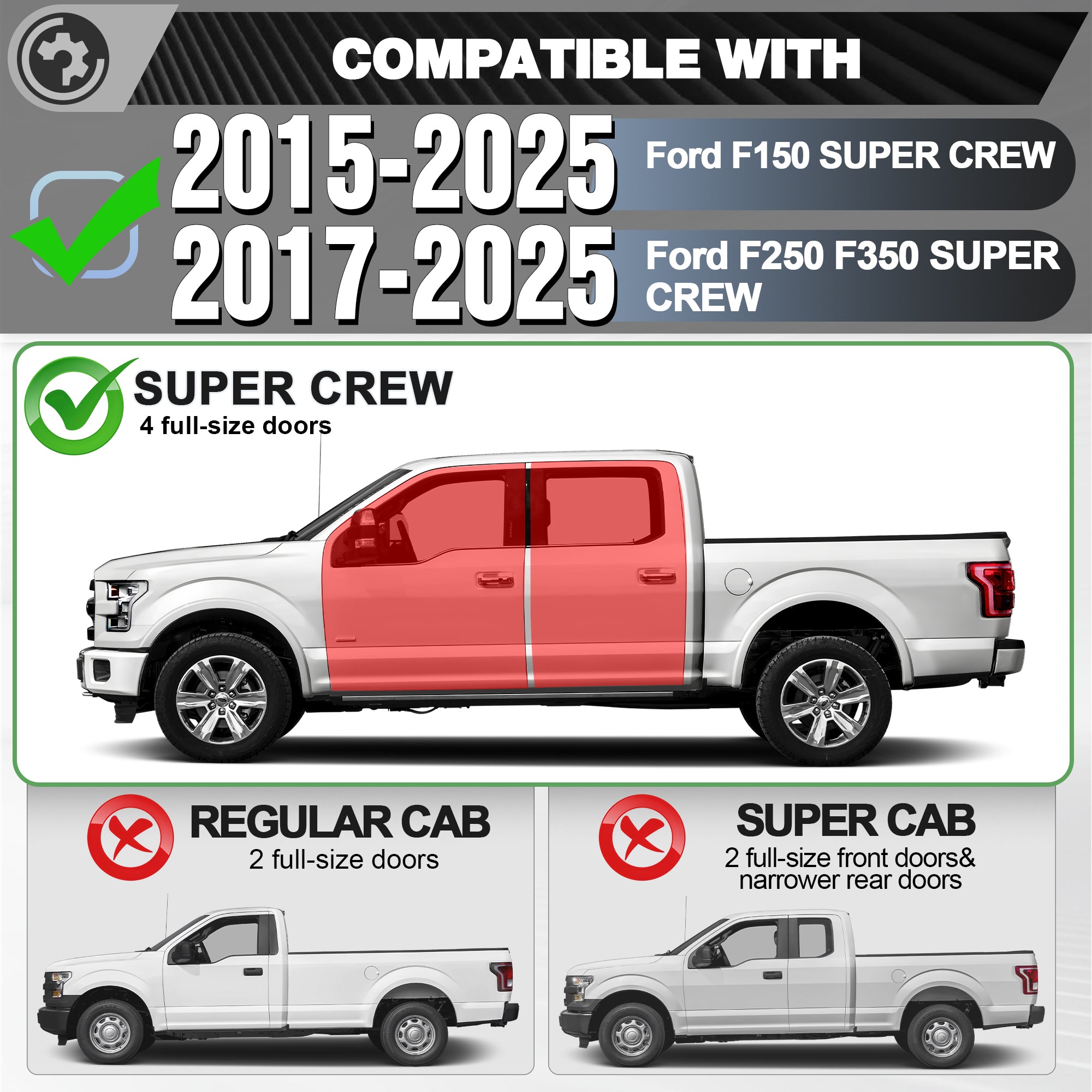 Running Boards Side Steps for 2015-2025 Ford F-150 SuperCrew & 2017-2025 Ford F250 F350 Super Duty Crew Cab