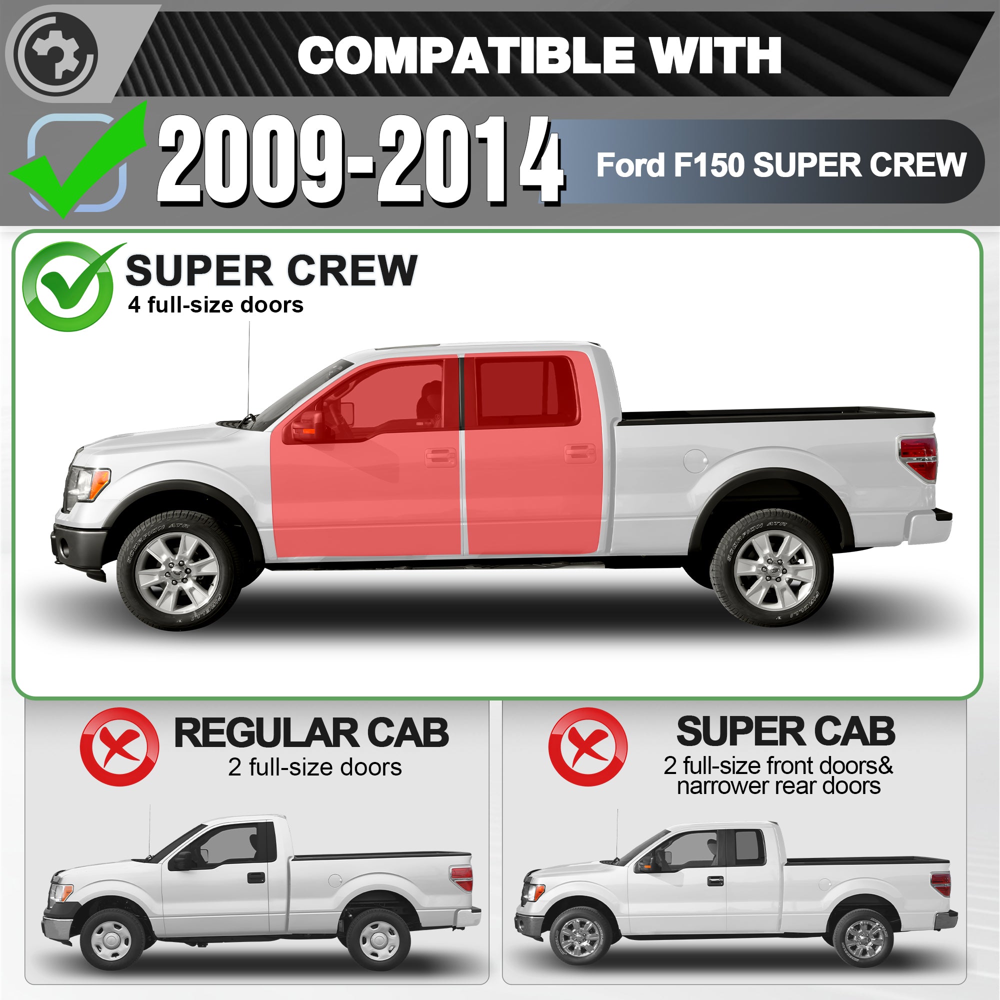 Running Boards for 2009-2014 Ford F-150 SuperCrew (4-Door) | 3-Step Side Steps, Heavy-Duty Carbon Steel, 550 lbs Load Capacity, Anti-Slip Nerf Bars
