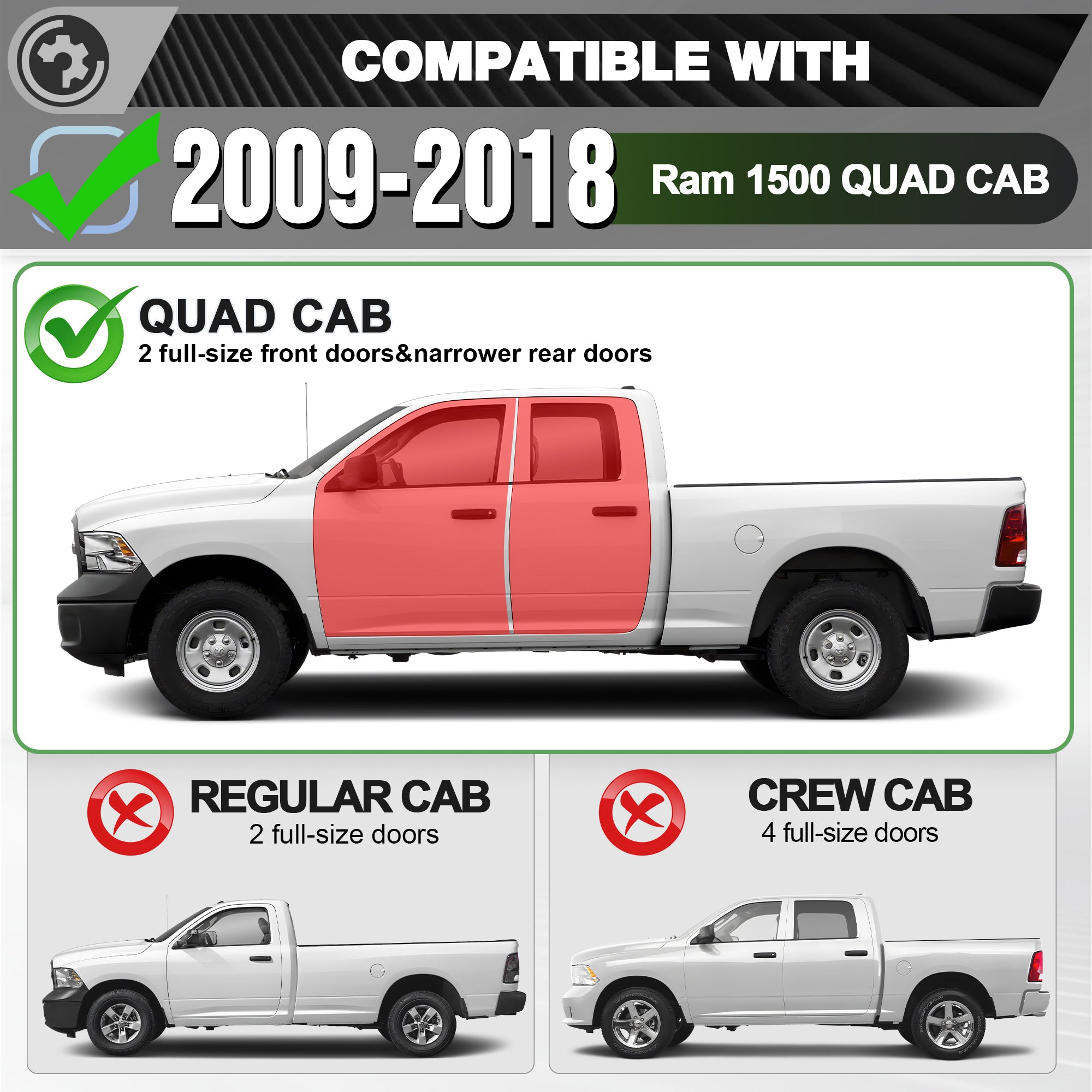 Running Boards for 2009-2018 Ram 1500 Quad Cab | Wide 3-Step Nerf Bars, Heavy-Duty Carbon Steel, 550 lbs Load Capacity, Anti-Slip Side Steps