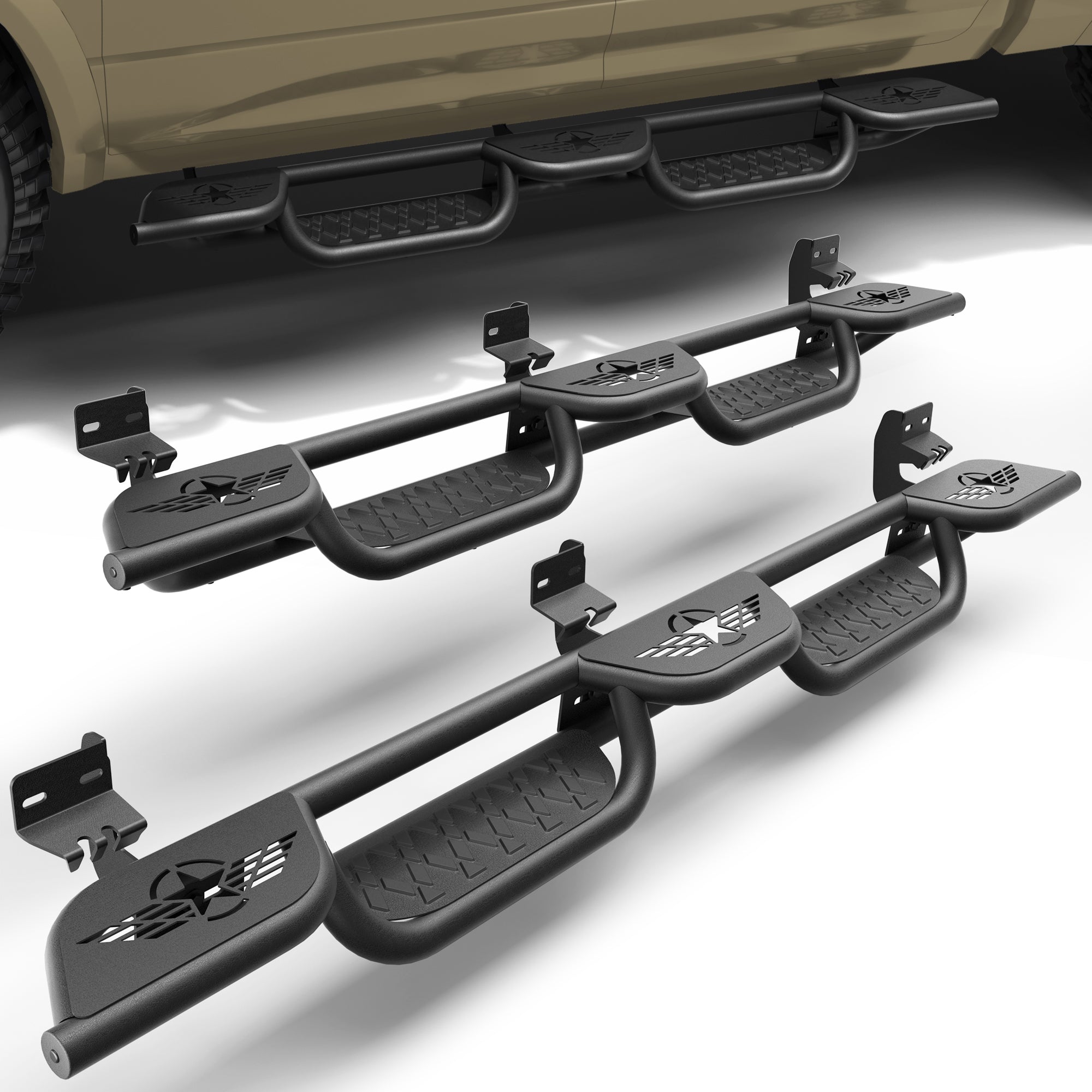 Running Boards for 2009-2018 Ram 1500 Quad Cab | Wide 3-Step Nerf Bars, Heavy-Duty Carbon Steel, 550 lbs Load Capacity, Anti-Slip Side Steps