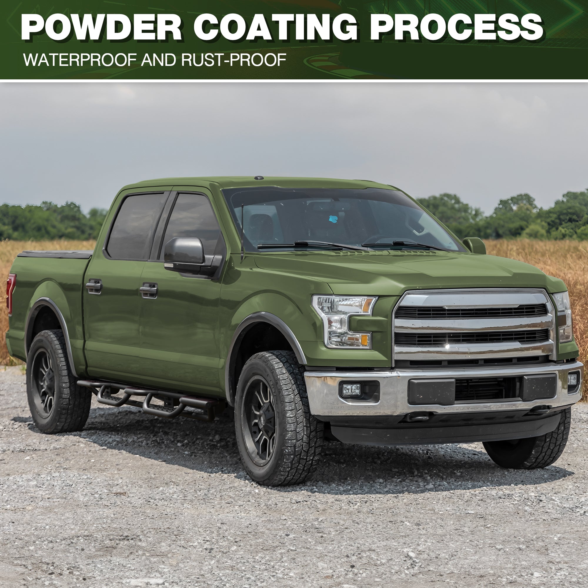 Running Boards for 2015-2025 Ford F-150 SuperCrew & 2017-2025 Ford F-250/F-350 Super Duty Crew Cab | 3-Step Side Steps, Heavy-Duty Carbon Steel, 550 lbs Load Capacity