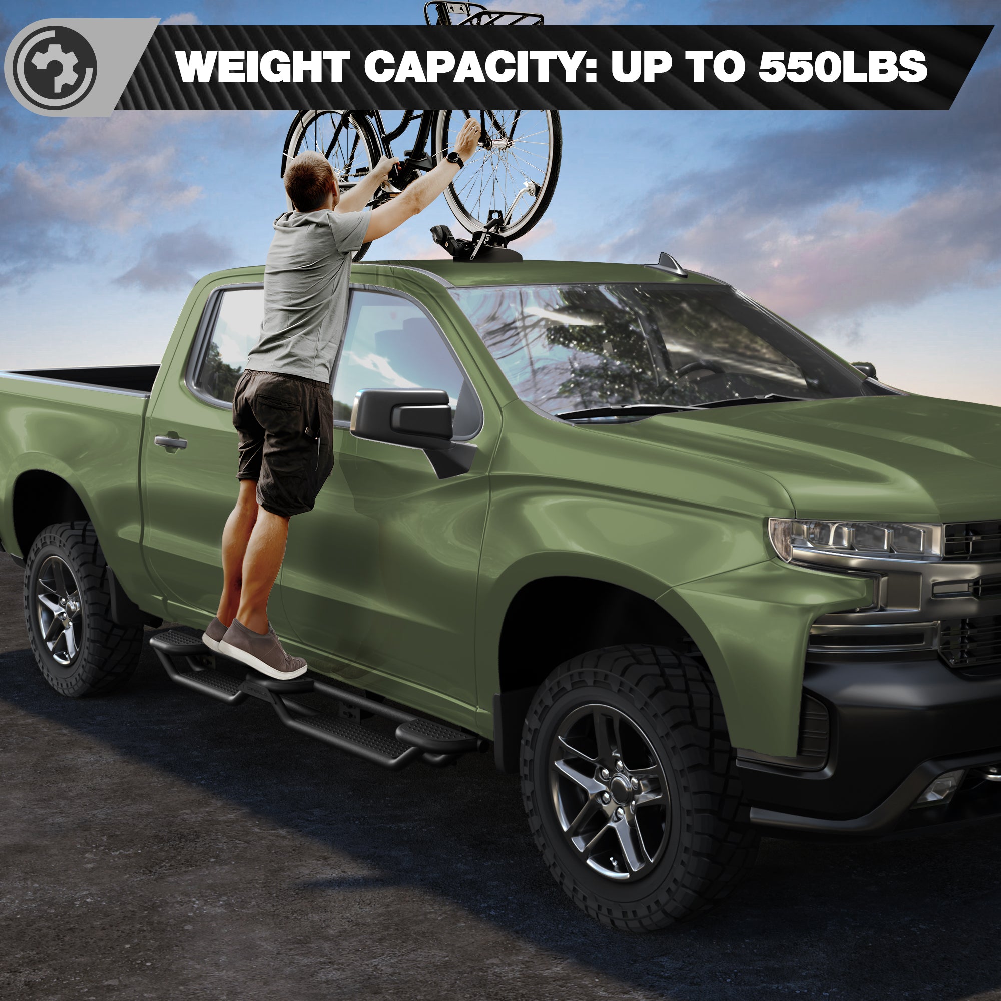 Running Boards for 2019-2025 Chevy Silverado & GMC Sierra Crew Cab | Fits 1500, 2500HD & 3500HD | 3-Step Side Steps, Heavy-Duty Carbon Steel, 550 lbs Load Capacity