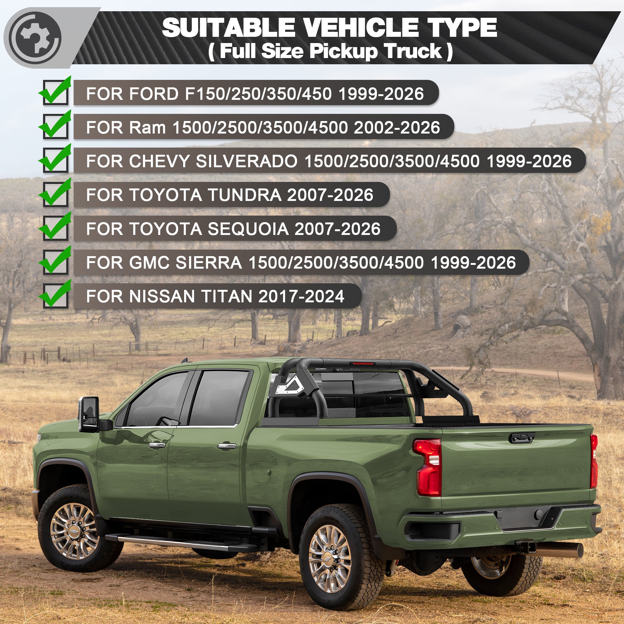 Truck Roll Bar for Full-Size Trucks, Heavy Duty Steel Chase Rack & Truck Bed Rack with Cab Protection for Ford F-150, Super Duty, Chevy Silverado, GMC Sierra, Ram, Toyota Tundra & Nissan Titan